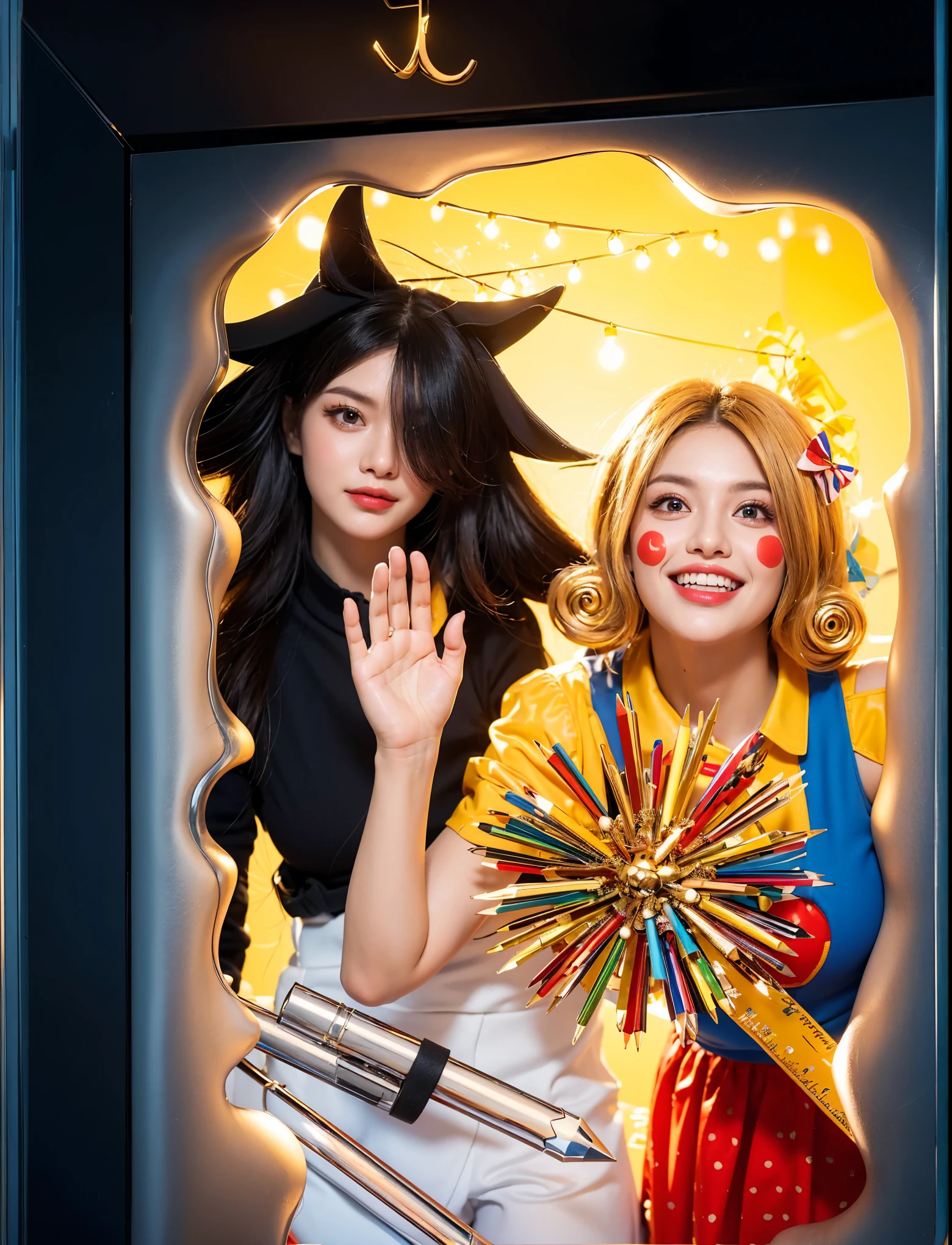 In this vivid portrayal, two contrasting characters emerge from a magical realm. On the left, a figure with dark, striking hair that defies gravity, exudes a mystique and power, her intense gaze captivating. To her right, bursts a figure of sunshine and cheerfulness, adorned in a bright yellow top and a polka-dotted red skirt, her smile wide and welcoming. The background of twinkling lights adds a festive and enchanting touch to the scene, enhancing the stark contrast between the dark, enigmatic character and her radiant, joyful companion. strong emotional display, set against the contrast of her vibrant attire and the plain background, creates a compelling visual narrative. vibrant contrast to his attire and accessories.аffects render, (glossy plastic texture with multiple big light probe refractions), perfect cgi, smooth silhouette, high intensity refraction, (super glossy plastic material), most beautiful vfx, , realistic, 4k, high resolution, rim light, smooth 3d model, multiple light sources, rim light, sharp post effects render,, realistic, 4k, high resolution, rim light detailed digital art, reflective, best quality, 4k, masterpiece:1.2, ultra-detailed, realistic, vivid colors, The image of the highest quality, ensuring every detail showcased perfectly. It in 4k resolution, allowing viewers to immerse themselves in the richness of the colors and intricate details. The realistic rendering. under the spotlight, reflecting, high-resolution image, realistic rendering