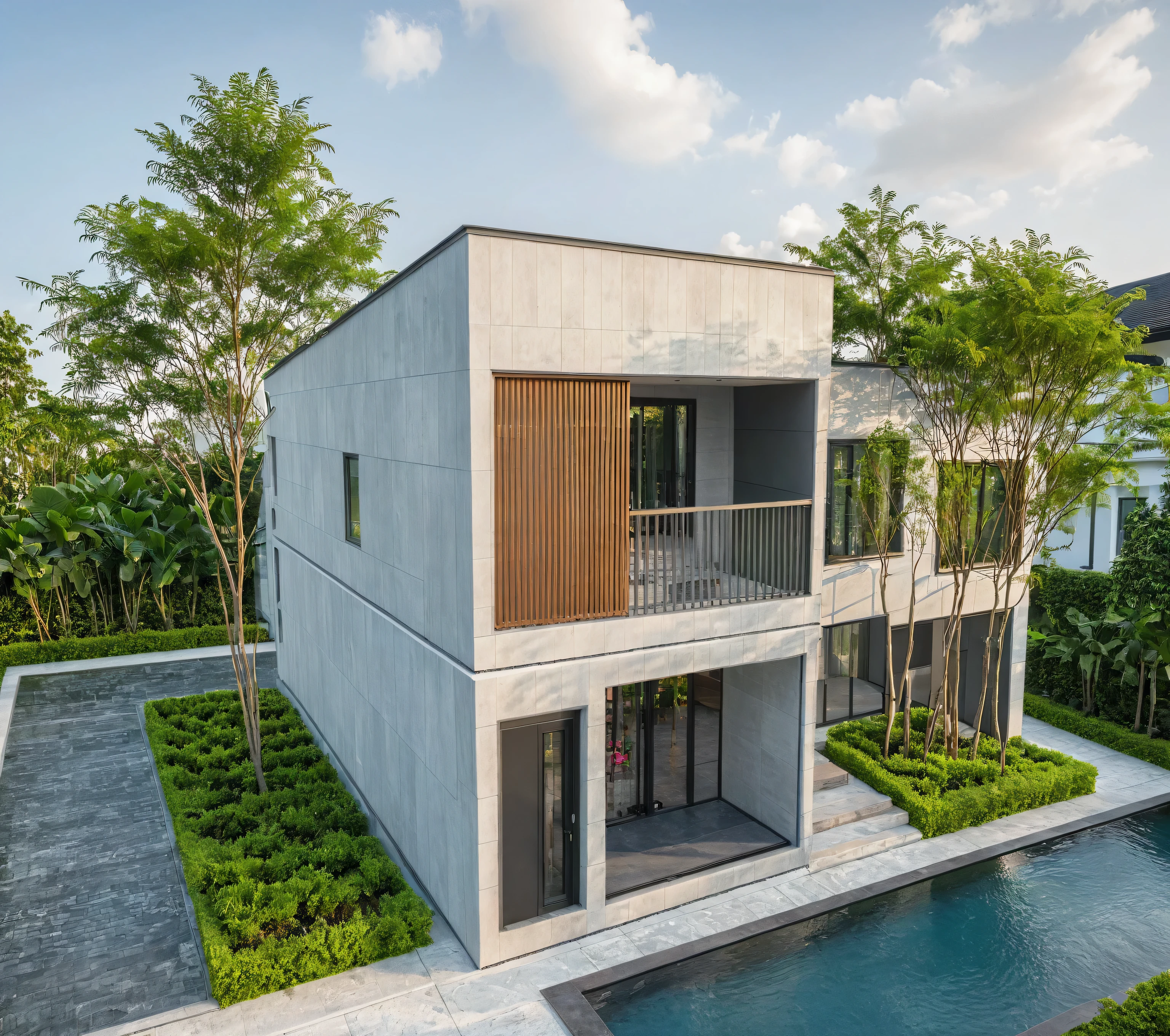 modern villa on street, (pool), hot girl, (daylight), tropical tree, green shrub and plants, vivid color, streetcapes, minimalist design, brigth grey tone, (large glass door:1.2), warm interior lighting, modern material, best quality, ultra realistic, masterpiece, 
