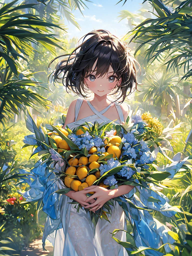 Create an illustration of a beautiful girl holding a fresh, juicy pineapple. The scene should emphasize the vibrant and refreshing nature of the fruit. Make sure the girl exudes a lively and youthful energy.
