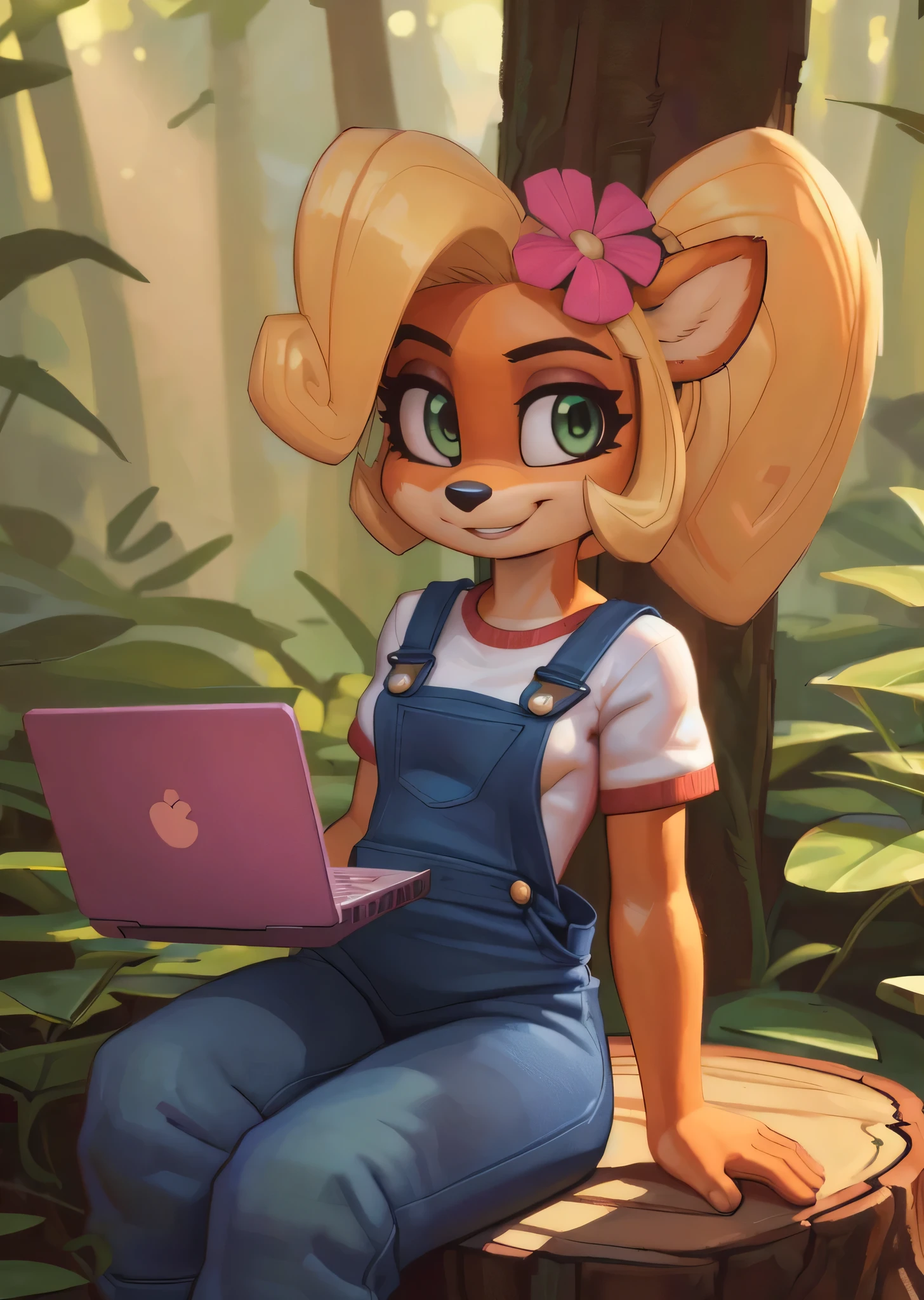 [Coco bandicoot], [Uploaded to e621.net; (Pixelsketcher), (wamudraws)], ((masterpiece)), ((HD)), ((solo portrait)), ((full body)), ((back view)), ((feet visible)), ((furry; anthro)), ((detailed fur)), ((detailed shading)), ((beautiful render art)), ((intricate details)), {anthro; orange fur, black nose, (cute green eyes), (short eyelashes), (pink eyeshadow), (long blonde curly hair), (curly ponytail), (curvy hips), (beautiful legs), (beautiful feet), (humanoid feet), (detailed soles), (blushing), (focused expression)}, {(white tee shirt), (denim overalls), (goggles on head)}, {(on ground), (kneeling), (wiggling toes), (typing on laptop), (looking back), (looking at viewer)}, [background; (tropical forest), (grass plains), (blue sky), (sun rays), (ambient lighting)]