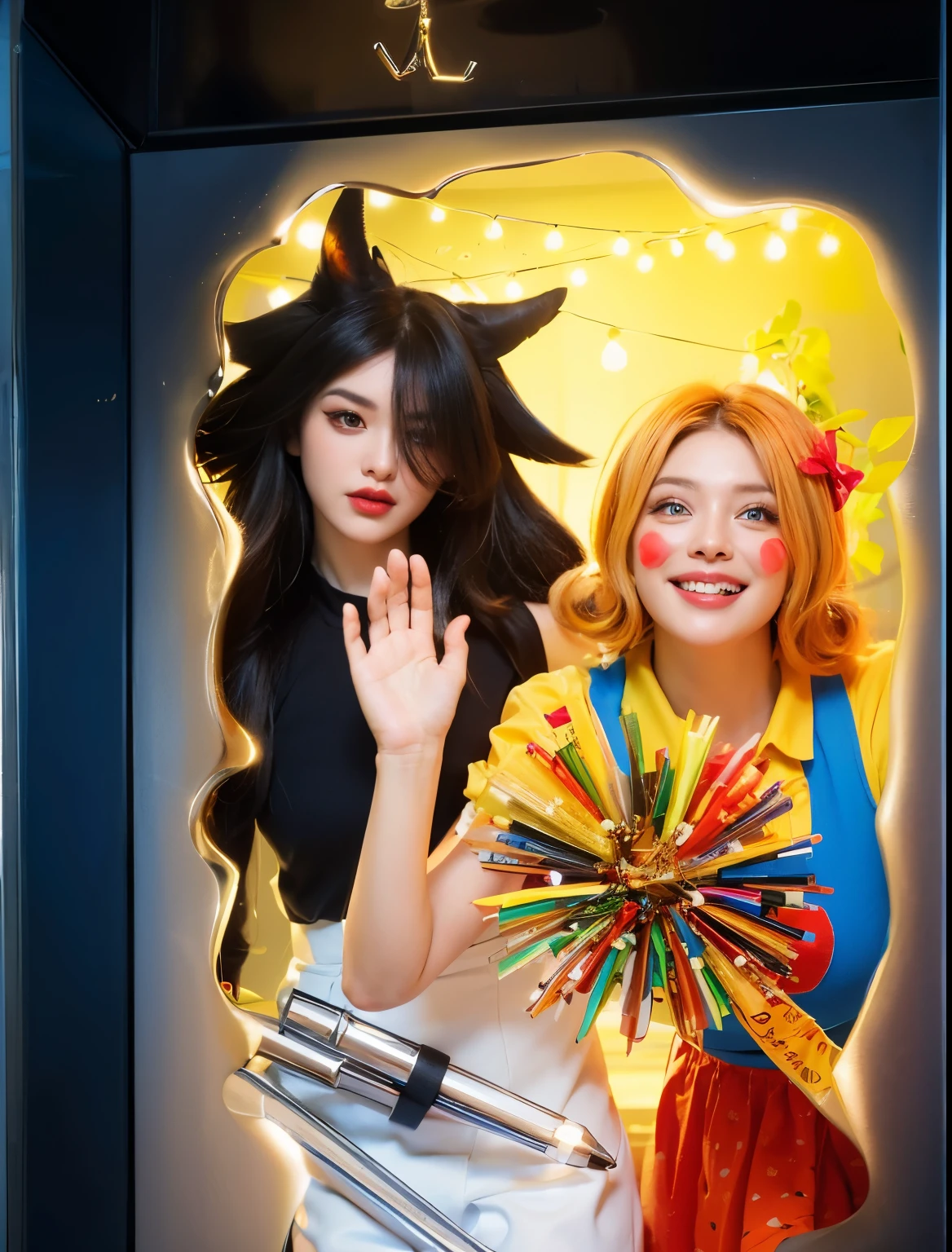 In this vivid portrayal, two contrasting characters emerge from a magical realm. On the left, a figure with dark, striking hair that defies gravity, exudes a mystique and power, her intense gaze captivating. To her right, bursts a figure of sunshine and cheerfulness, adorned in a bright yellow top and a polka-dotted red skirt, her smile wide and welcoming. The background of twinkling lights adds a festive and enchanting touch to the scene, enhancing the stark contrast between the dark, enigmatic character and her radiant, joyful companion. strong emotional display, set against the contrast of her vibrant attire and the plain background, creates a compelling visual narrative. vibrant contrast to his attire and accessories.аffects render, (glossy plastic texture with multiple big light probe refractions), perfect cgi, smooth silhouette, high intensity refraction, (super glossy plastic material), most beautiful vfx, , realistic, 4k, high resolution, rim light, smooth 3d model, multiple light sources, rim light, sharp post effects render,, realistic, 4k, high resolution, rim light detailed digital art, reflective, best quality, 4k, masterpiece:1.2, ultra-detailed, realistic, vivid colors, The image of the highest quality, ensuring every detail showcased perfectly. It in 4k resolution, allowing viewers to immerse themselves in the richness of the colors and intricate details. The realistic rendering. under the spotlight, reflecting, high-resolution image, realistic rendering