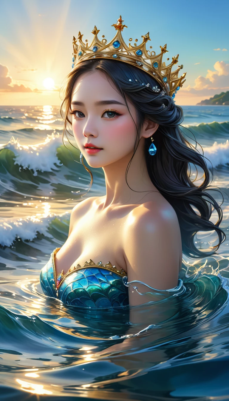 A beautiful glorious woman, 8K Ultra HD, the apple crown 8K Ultra HD, ultra-realistic, In the gentle embrace of the tranquil waters, behold a mesmerizing spectacle - the ripples dancing in perfect harmony, converging into the shape of a crown, Each droplet, like a painter's brushstroke, contributes to this exquisite masterpiece of nature's artistry, The crown-shaped pattern shimmers with a mesmerizing radiance, reflecting the sun's golden hues and the azure of the sky above, As the waves gently caress the shore, the crown's form remains fleeting, yet etched forever in the memories of those fortunate enough to witness this enchanting sight, The water's embrace creates a symbol of love and serenity, reminding us of the profound beauty and magic that nature can bestow upon us, by yukisakura, highly detailed,