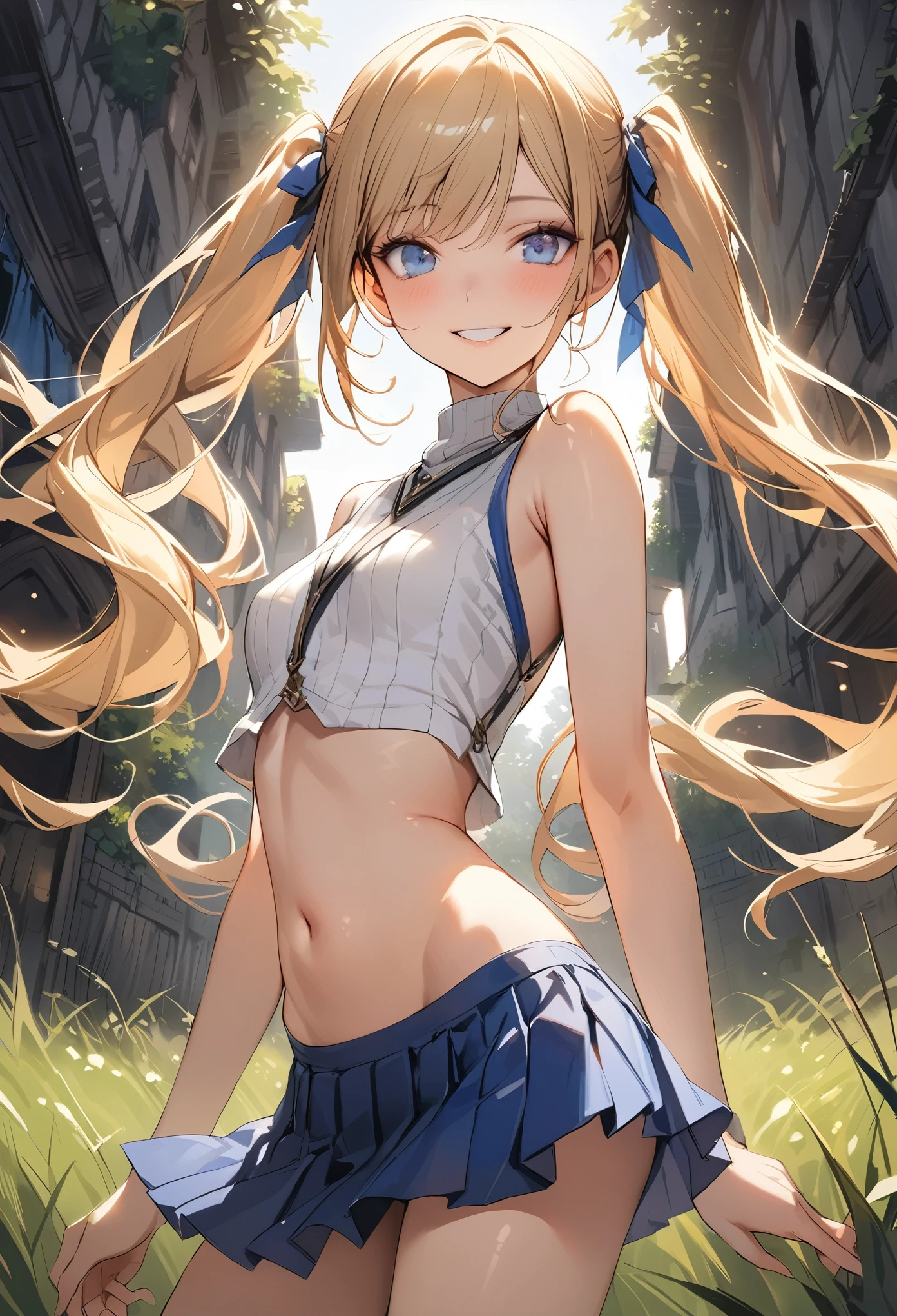 ((masterpiece,Highest quality:1.3,best quality illustration)),realistic,cowboy shot,独奏,1woman,female knight、(20 year old beauty),((very small head:1.4)),((ideal ratio body proportions:1.3)),blonde hair,twin tails,straight long hair,bangs,gorgeous eyes,Blue eyes,smile,(Sleeveless white knitwear、navel、Blue pleated mini skirt),((slender body,skinny)),small breasts,gleaming skin,shiny skin,castle town、Medieval Europe、