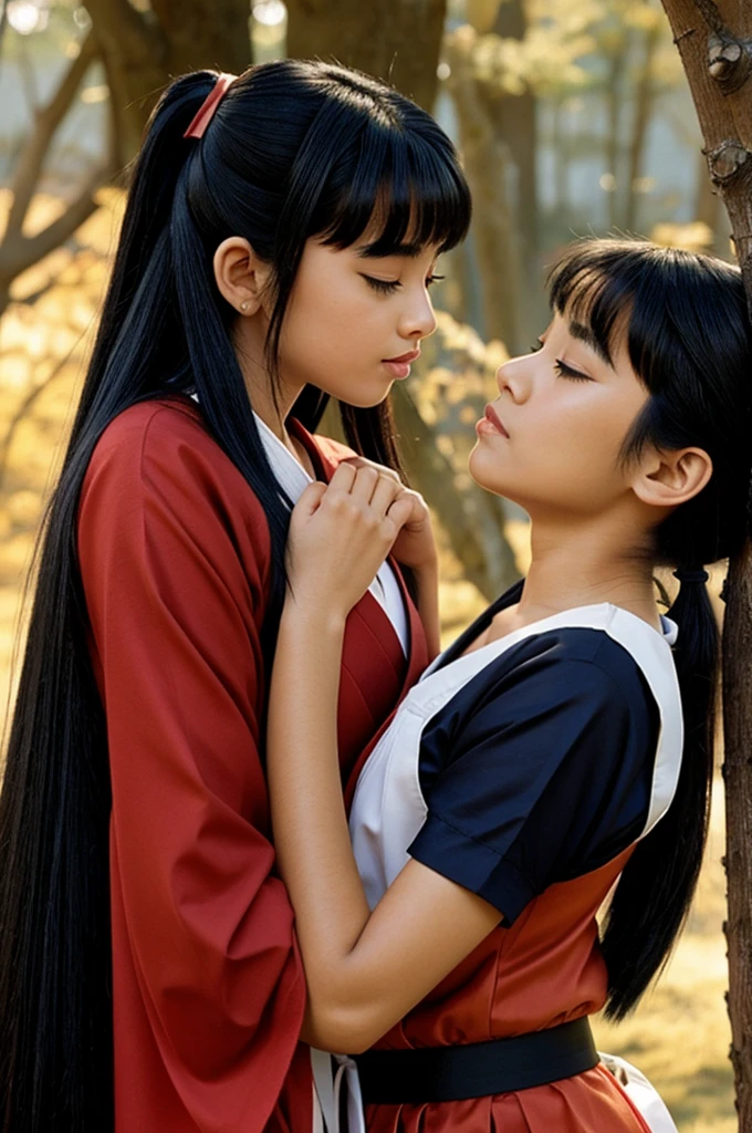 最high quality、high quality、Best image quality、8k、最High resolution、High resolution、最high quality、masterpiece、RAW Photos、whole body写真、Detailed and realistic human body、Detailed and realistic skin、Realistic face in every detail、Detailed and realistic eyes、Detailed and realistic lips、Detailed and realistic teeth、Detailed and realistic ears、Detailed and realistic hair、Realistic reproduction of every detail、((Beautiful Hands(thumb1、reference4))、Realistic feet down to the last detail、((Beautiful Japanese Girl))、(Japanese Model)、((18 year old beautiful girl2))、(Black Hair)、(Random Hairstyles)、((whole body))、((Slim and perfect figure))、(Beautiful and firm breasts)、(whole body光沢肌、Fair skin)、((twins、Sisters))、((A few girls))、Soft natural light、China dress、kimono、Ninja costume、Japanese tradition、Japanese garden、((Colorful see-through(Floral Ninja Costume))、((Relax in the garden(Girls hugging each other2))、(Girls looking at each other2)、(Kiss a girl2)