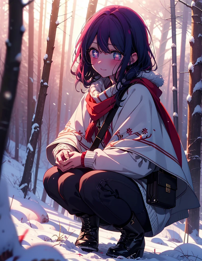 aihoshino, Ai Hoshino, Long Hair, bangs, (Purple eyes:1.1), Purple Hair, (Symbol-shaped pupil:1.5), smile,,smile,blush,white breath,
Open your mouth,snow,Ground bonfire, Outdoor, boots, snowing, From the side, wood, suitcase, Cape, Blurred, , forest, White handbag, nature, Squat, Mouth closed, Cape, winter, Written boundary depth, Black shoes, red Cape break looking at viewer, Upper Body, whole body, break Outdoor, forest, nature, break (masterpiece:1.2), Highest quality, High resolution, unity 8k wallpaper, (shape:0.8), (Beautiful and beautiful eyes:1.6), Highly detailed face, Perfect lighting, Extremely detailed CG, (Perfect hands, Perfect Anatomy),