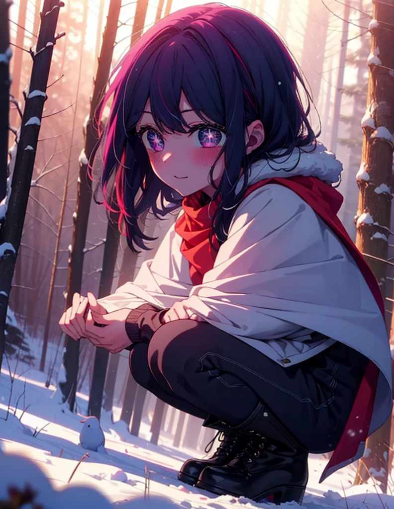 aihoshino, Ai Hoshino, Long Hair, bangs, (Purple eyes:1.1), Purple Hair, (Symbol-shaped pupil:1.5), smile,,smile,blush,white breath,
Open your mouth,snow,Ground bonfire, Outdoor, boots, snowing, From the side, wood, suitcase, Cape, Blurred, , forest, White handbag, nature,  Squat, Mouth closed, Cape, winter, Written boundary depth, Black shoes, red Cape break looking at viewer, Upper Body, whole body, break Outdoor, forest, nature, break (masterpiece:1.2), Highest quality, High resolution, unity 8k wallpaper, (shape:0.8), (Beautiful and beautiful eyes:1.6), Highly detailed face, Perfect lighting, Extremely detailed CG, (Perfect hands, Perfect Anatomy),