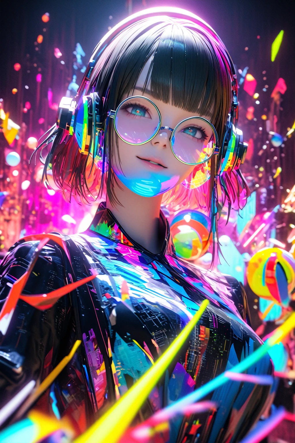 (extremely detailed fine touch:1.3), (((silver semi-rimless round eyewear:1.3))), (wear silver headphones:1.2), black and white style art, black short hair, blunt bangs, 1girl, 2.5d face, holography, draw in neon colors ((Ball)): ball: ((floating)), transparent, Three dimensions, light, sf, digital art, Digital, scientific, dark background: electronic circuit: draw in neon colors, 3d, masterpiece, Digital space, energy, beautiful, masterpiece, 8k, light, be familiar with, lively, colorful, nice, beautiful, rich colors, beautiful Light Lines. magic effect, Sparkling, beautiful Light Grains