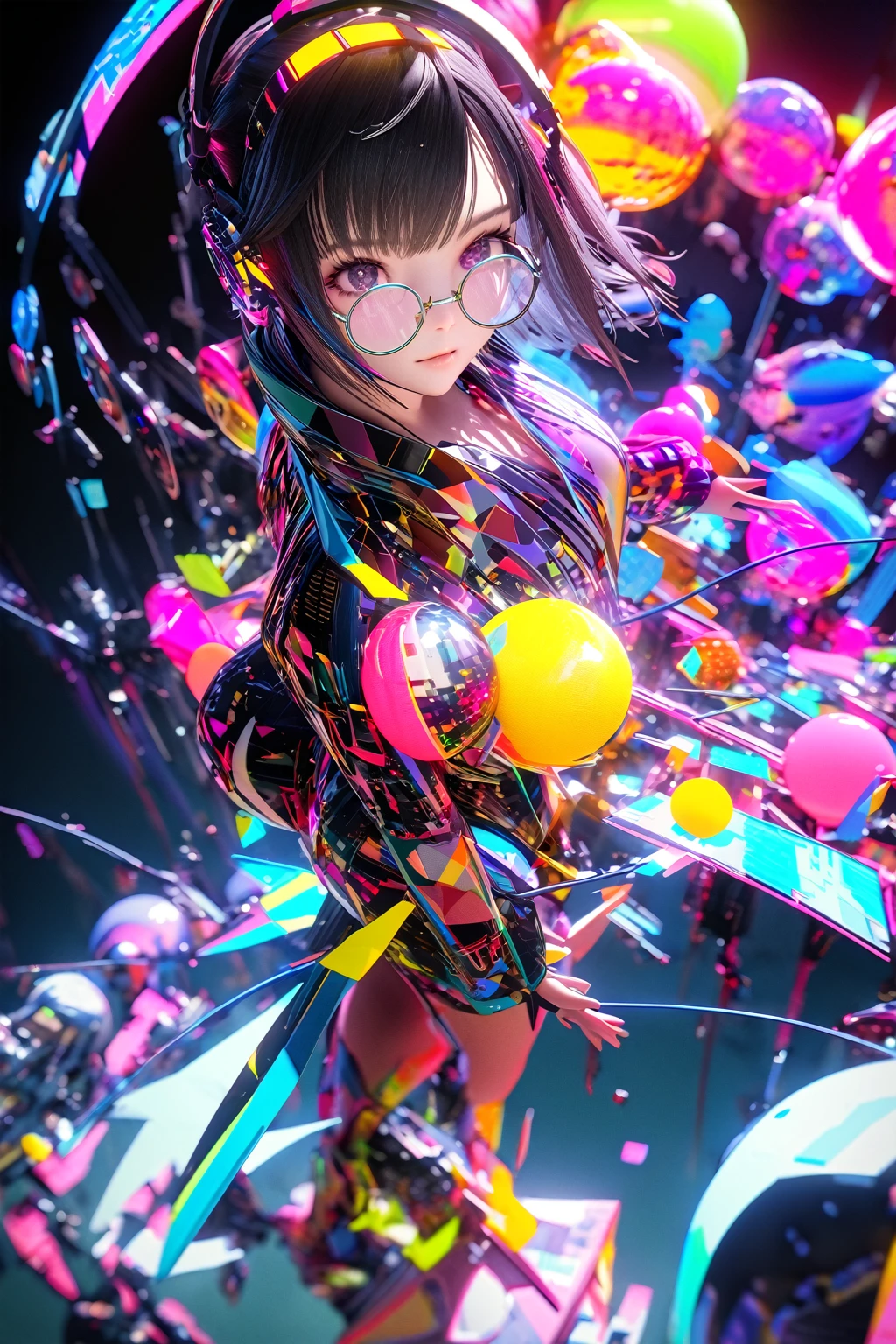 (extremely detailed fine touch:1.3), (((silver semi-rimless round eyewear:1.3))), (wear silver headphones:1.2), black and white style art, black short hair, blunt bangs, 1girl, 2.5d face, holography, draw in neon colors ((Ball)): ball: ((floating)), transparent, Three dimensions, light, sf, digital art, Digital, scientific, dark background: electronic circuit: draw in neon colors, 3d, masterpiece, Digital space, energy, beautiful, masterpiece, 8k, light, be familiar with, lively, colorful, nice, beautiful, rich colors, beautiful Light Lines. magic effect, Sparkling, beautiful Light Grains