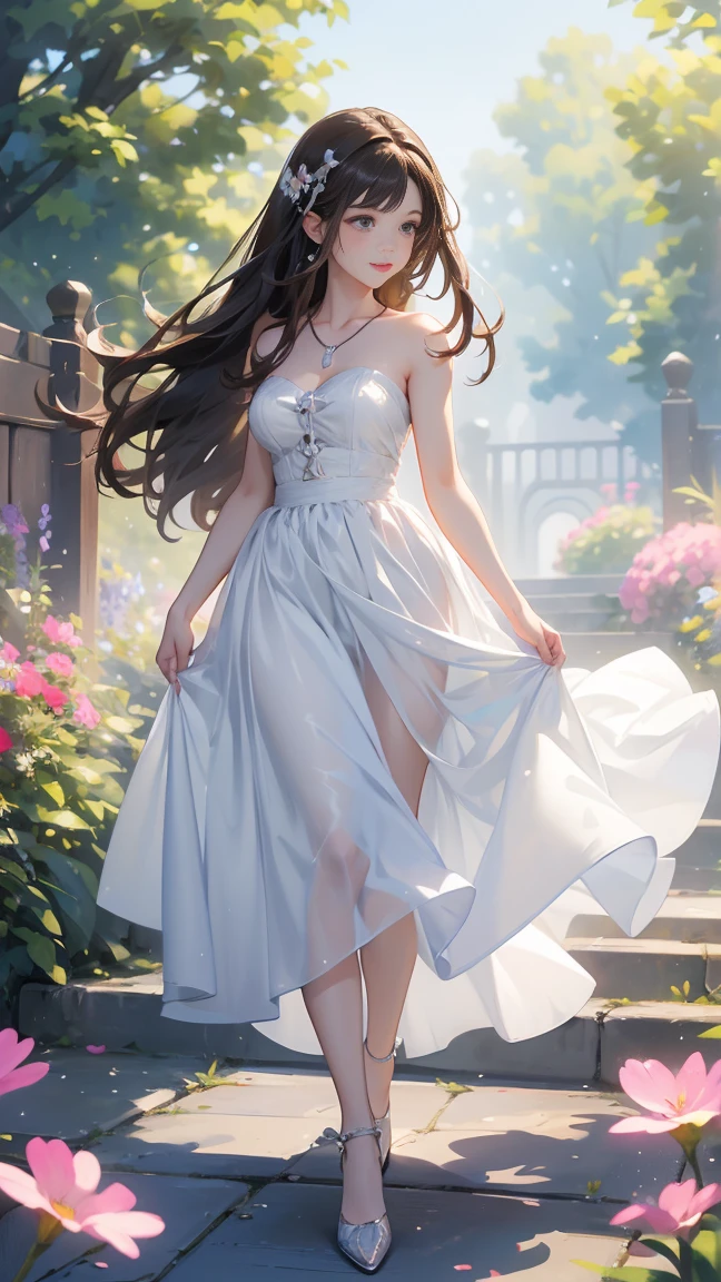 (Highest quality、 8k 、masterpiece、High resolution)、Young lovely woman、Ample breasts、Smooth and unnoticeable collarbone、Slender beauty、(Brown hair medium、My hair is blowing in the wind、Flows backwards)、Full Body Shot、 (Beautiful Face,Beautiful Eyes,Beautiful nose,Pretty lips)、(Stephanie hoove earrings、silver heart necklace)、((Black tops、White and monochrome dot long skirt(Ankle length))、Her mouth opens slightly and a smile appears.、Nice pose、Outdoor、(A Western-style garden filled with blooming flowers)、Colorful flowers、Vibrant colors、The red stands out、looking at the camera、Professional Lighting、Professional photographer、Detailed CG、