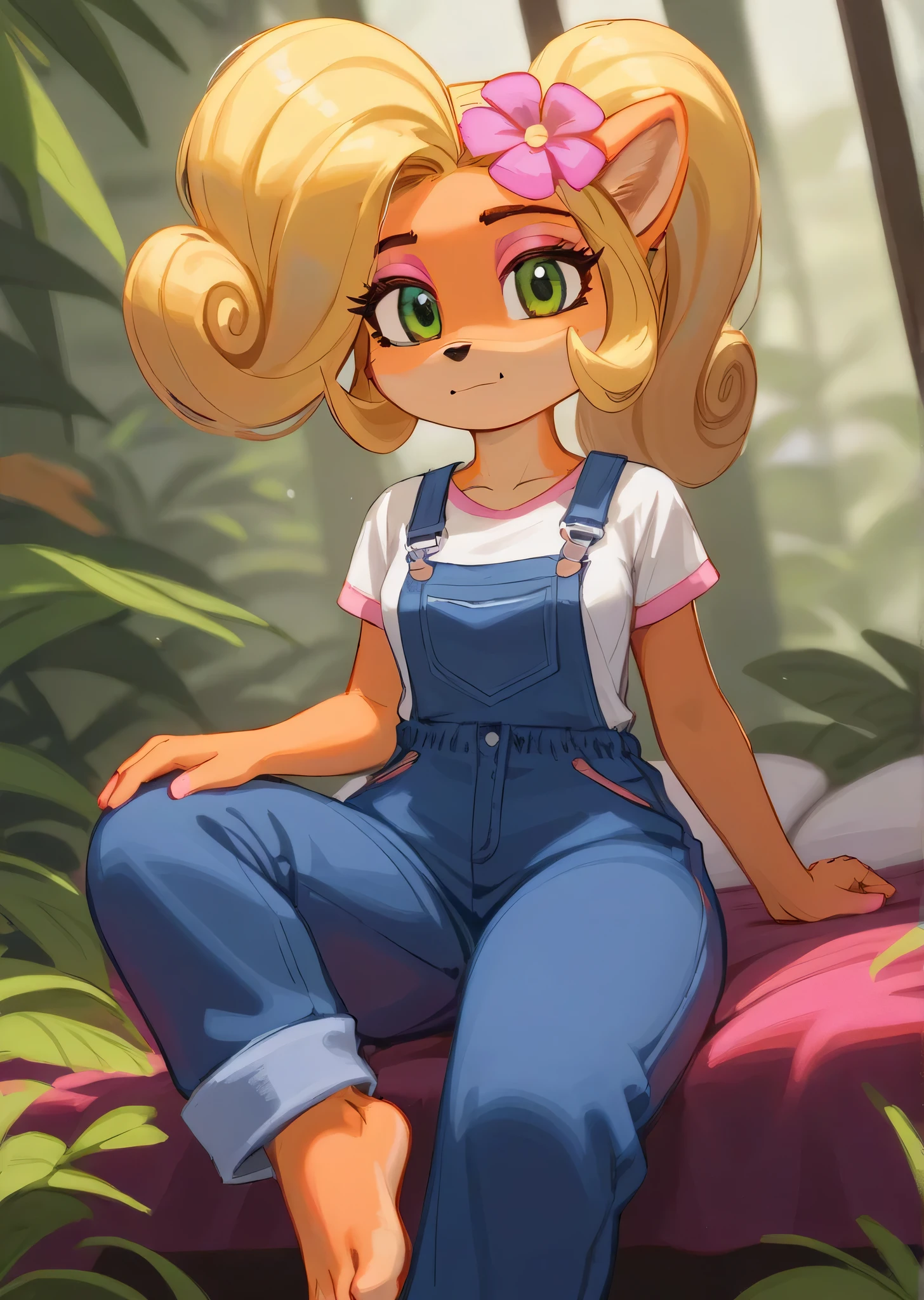 [Coco bandicoot], [Uploaded to e621.net; (Pixelsketcher), (wamudraws)], ((masterpiece)), ((HD)), ((solo portrait)), ((full body)), ((front view)), ((low angle view)), ((feet visible)), ((detailed fur)), ((detailed shading)), ((beautiful render art)), ((intricate details)), {(slim figure), orange fur, black nose, (cute green eyes), (short eyelashes), (pink eyeshadow), (long blonde curly hair), (curly ponytail), (curvy hips), (beautiful legs), (beautiful feet), (cute smile), (sleepy expression)}, {(white tee shirt), (pink pajama shorts), (pink flower in hair}, {(laying on bed), (looking at viewer)}, [ambient lighting, bedroom, window, tropical forest, sun rays]
