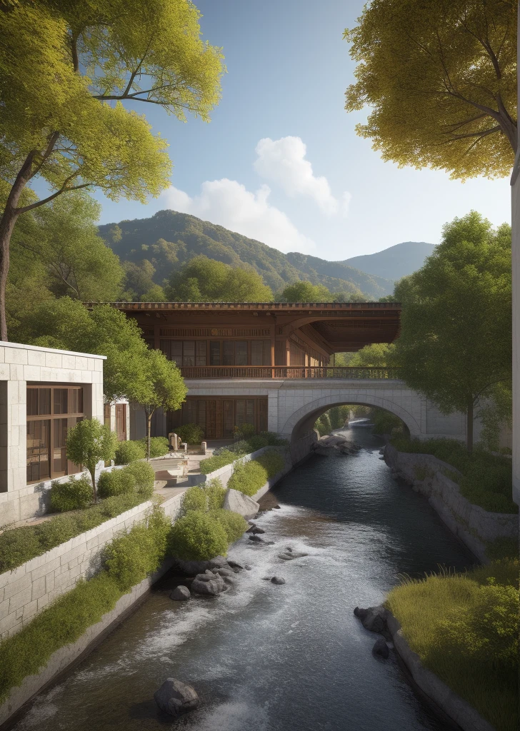 shanshui,3D rendering effect,Jade stone,Architecture,Chinese style,Ancient Chinese architecture,Courtyard,Pavilion,Bridge,Rock,Mountain,Rivers,Golden color,Pine,Mountains and rivers,Peach blossom,Shrub,Miniature landscape,A white wall,Black tiles,The blue sky and white clouds,Sunny,3D,Depth of field,, masterpiece,best quality,highly detailed,Amazing,finely detail,extremely detailed CG unity 8k wallpaper,score:>=60,, incredibly absurdres,wallpaper,realistic,real,photo,landscape,foreshortening,