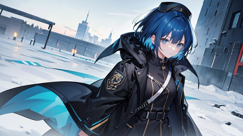 A girl with short blue hair wearing a black coat。Wearing an officer&#39;s cap。