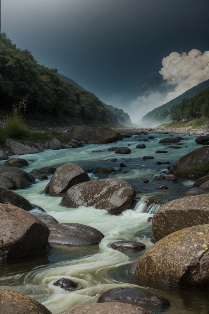 ((Masterpiece)), Hyperrealistic, amazing unreal engine, LUMA:0.015, very intricate details, add_details:1, S=1/650, (depth of field:1500mm), focus on details:1.1, "Imagine a swollen river devastating the towns through which it flows, within the river bed you can see rotten remains of cadaverous animal fauna, clouds of steam emerge from the river bed, along with a strange and mysterious fog, (moss on the rocks: 0.58), iridescent reflex over the water:0.06, (The running water splashes the rocks and causes the splashes to be seen where the light is reflected:0.4)".