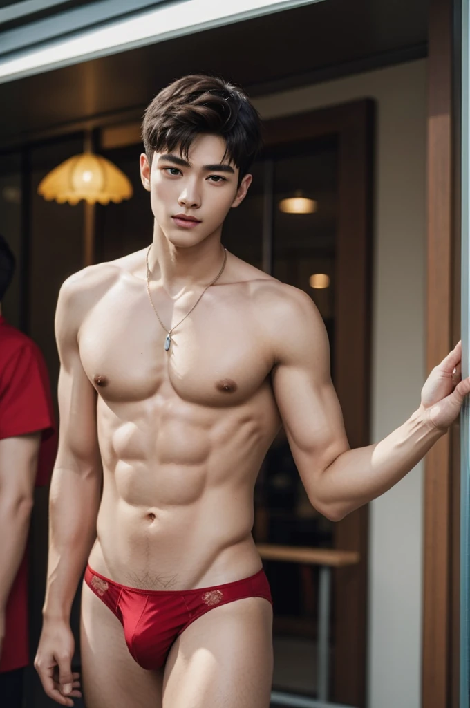 Boy in the crowded lunar new year festival, amazing lunar new year festival scenery, Crowded festival, Chinese lion dance in the background, barongsai Full body photo, very wet body, Very thin red thong, Proudly showing off his sweaty very hairy armpits, completely naked just wearing red thong, wearing necklace in his nek, boy, very young boy, Cinematic soft lighting illuminates a stunningly detailed and ultra-realistic handsome korean male supermodel, ultra messy curly hair, clear honey eyes, captivating perfect smile, sensual, hot man, insanely handsome, showing off his sweaty body, very sixpack muscular body build, slender, toned, full body, 8k, photography, masterpiece, detailed face, detailed eyes, sexy, beautiful abdomen and beautiful legs and a detailed big hard bulge, slim, detailed eyes and lips, sixpack and fit body. Image quality is of the highest standard, with ultra-detailed features and a realistic appearance. The colors are bright and vibrant, enhancing the overall aesthetic. The lighting is soft and natural, casting a soft glow on the boy, don't merge body's