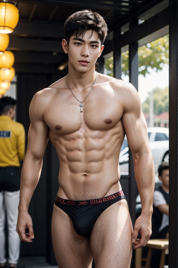 Boy in the crowded lunar new year festival, amazing lunar new year festival scenery, Crowded festival, Chinese lion dance in the background, barongsai Full body photo, very wet body, Very thin red thong, Proudly showing off his sweaty very hairy armpits, completely naked just wearing red thong, wearing necklace in his nek, boy, very young boy, Cinematic soft lighting illuminates a stunningly detailed and ultra-realistic handsome korean male supermodel, ultra messy curly hair, clear honey eyes, captivating perfect smile, sensual, hot man, insanely handsome, showing off his sweaty body, very sixpack muscular body build, slender, toned, full body, 8k, photography, masterpiece, detailed face, detailed eyes, sexy, beautiful abdomen and beautiful legs and a detailed big hard bulge, slim, detailed eyes and lips, sixpack and fit body. Image quality is of the highest standard, with ultra-detailed features and a realistic appearance. The colors are bright and vibrant, enhancing the overall aesthetic. The lighting is soft and natural, casting a soft glow on the boy, don't merge body's