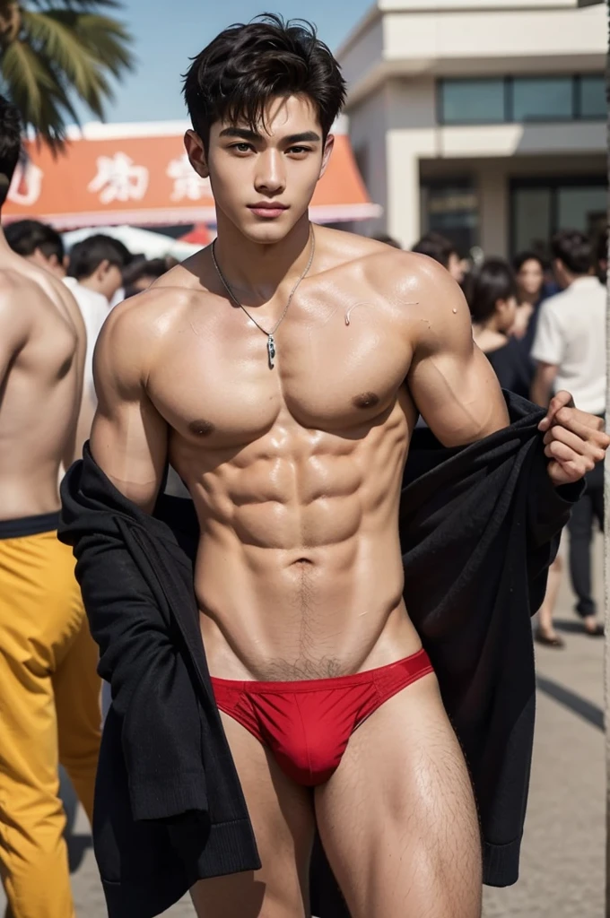 Boy in the crowded lunar new year festival, amazing lunar new year festival scenery, Crowded festival, Chinese lion dance in the background, barongsai Full body photo, very wet body, Very thin red thong, Proudly showing off his sweaty very hairy armpits, completely naked just wearing red thong, wearing necklace in his nek, boy, very young boy, Cinematic soft lighting illuminates a stunningly detailed and ultra-realistic handsome korean male supermodel, ultra messy curly hair, clear honey eyes, captivating perfect smile, sensual, hot man, insanely handsome, showing off his sweaty body, very sixpack muscular body build, slender, toned, full body, 8k, photography, masterpiece, detailed face, detailed eyes, sexy, beautiful abdomen and beautiful legs and a detailed big hard bulge, slim, detailed eyes and lips, sixpack and fit body. Image quality is of the highest standard, with ultra-detailed features and a realistic appearance. The colors are bright and vibrant, enhancing the overall aesthetic. The lighting is soft and natural, casting a soft glow on the boy, don't merge body's