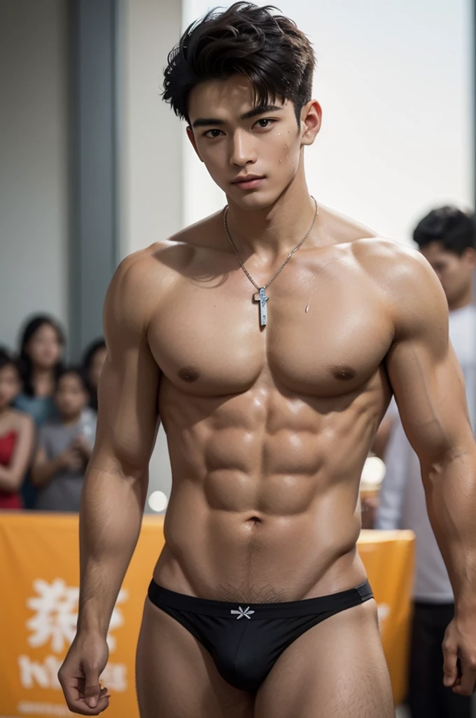 Boy in the crowded lunar new year festival, amazing lunar new year festival scenery, Crowded festival, Chinese lion dance in the background, barongsai Full body photo, very wet body, Very thin red thong, Proudly showing off his sweaty very hairy armpits, completely naked just wearing red thong, wearing necklace in his nek, boy, very young boy, Cinematic soft lighting illuminates a stunningly detailed and ultra-realistic handsome korean male supermodel, ultra messy curly hair, clear honey eyes, captivating perfect smile, sensual, hot man, insanely handsome, showing off his sweaty body, very sixpack muscular body build, slender, toned, full body, 8k, photography, masterpiece, detailed face, detailed eyes, sexy, beautiful abdomen and beautiful legs and a detailed big hard bulge, slim, detailed eyes and lips, sixpack and fit body. Image quality is of the highest standard, with ultra-detailed features and a realistic appearance. The colors are bright and vibrant, enhancing the overall aesthetic. The lighting is soft and natural, casting a soft glow on the boy, don't merge body's