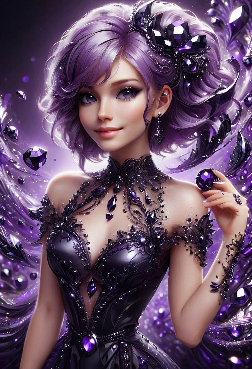 masterpiece,1 girl,One, slight smile, metal necklace, White shirt, Modern , Accessories, two-tone hair color: purple and black, Unique hairstyle, stylish, Black background, black diamonds