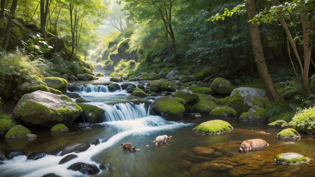 In trick art style、Create unique artworks with multiple animals hiding inside。At first glance, the entire piece of art appears to be a landscape or still life painting.、If you look carefully, you'll find the following animals hiding:。The animals are depicted as if they are part of the natural scenery.。
 ｛Cat、 dog、 bird、fish、Rabbit、These animals are hiding in the art｝

The background is a quiet stream in the forest.。wood々and flowers、The flow of the stream is beautifully depicted.、The animals are cleverly hiding there.。The animals are hiding in different places、Make it a fun challenge to find。Realistic texture and vivid colorake it visually appealing。
