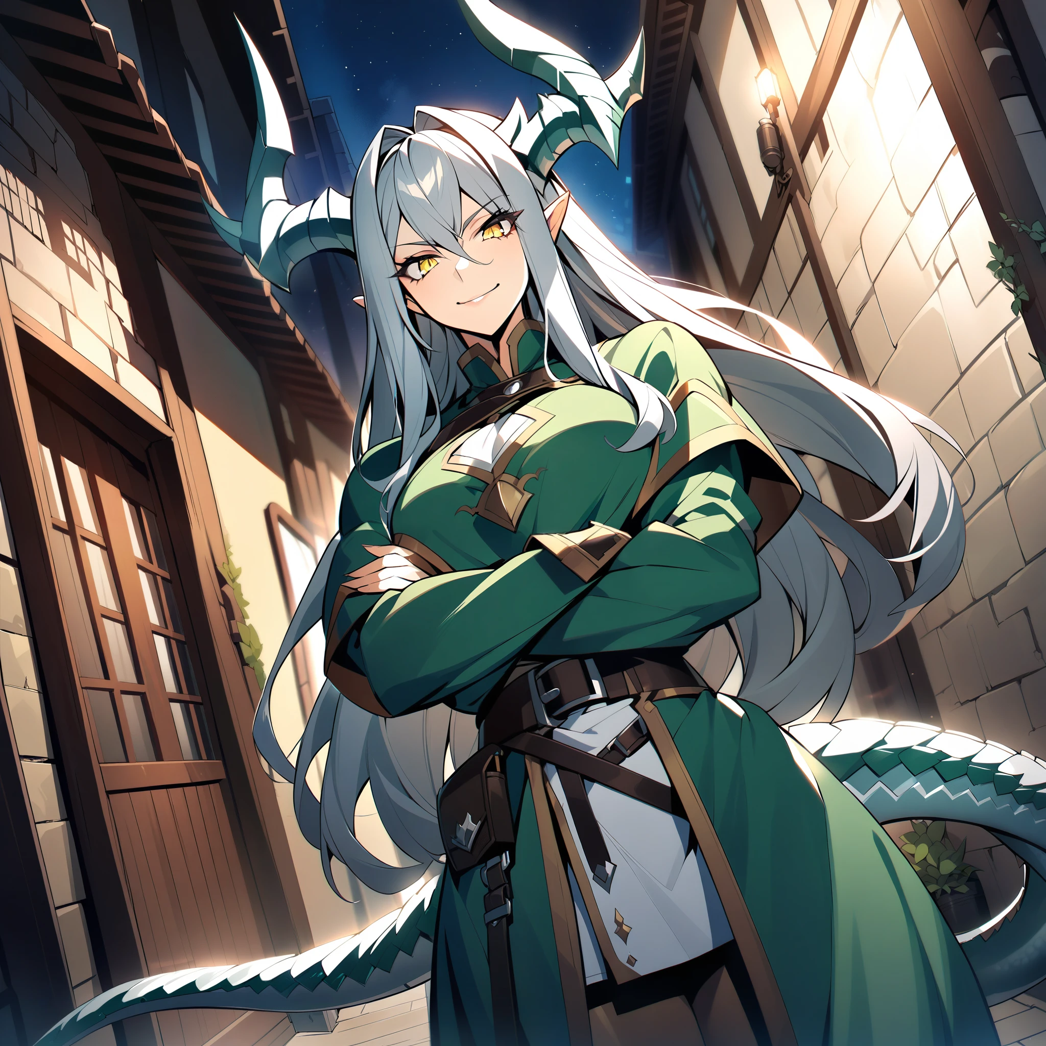 {{upper body, dutch angle}} {{Artist: ratatatat74}} 1girl, mature female, draconic, silver eyes, long straight hair, well toned, yellow eyes, dragon horns, draconic silver tail, traveler, dark green cloak, brown best underneath, black waistbelt, outdoors, alleyway, nighttime, standing, smiling, arms crossed, looking down at the camera pov, medieval fantasy.