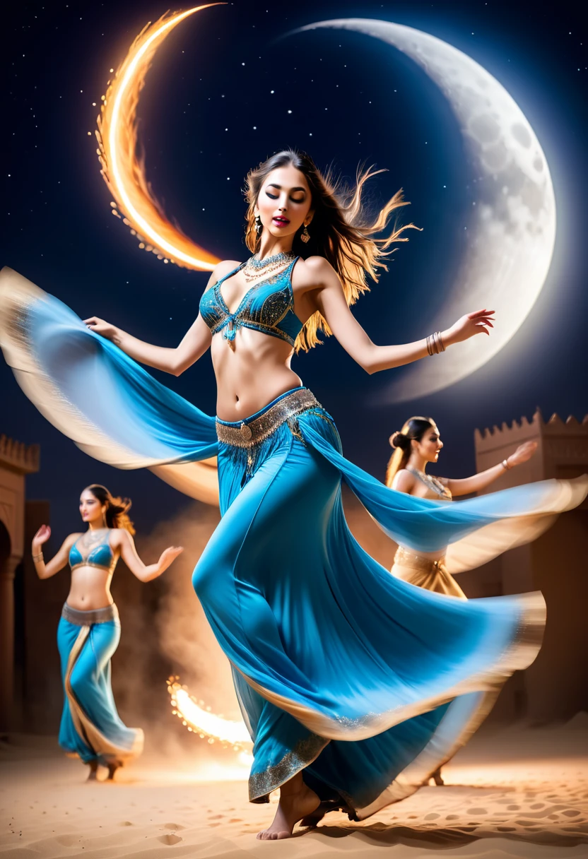 long exposure photo of a sexy tall girl as harem dancer in motion, full body, royal belly dancer dress, dancing in the moon night, shiny porcelain skin, few camels behind, focus on the girl, soaring the sky, blurred edges, low angle, below view, slow shutter speed motion photography, whirl dust trail behind, shot on FujiFilm XT4 camera f/2. ISO 200, dynamic motion, cinematic movement, blurry edges, super detailed, perfect face, perfect motion, side view, best quality, dust trail along the motion with a fire element transition movement of color background