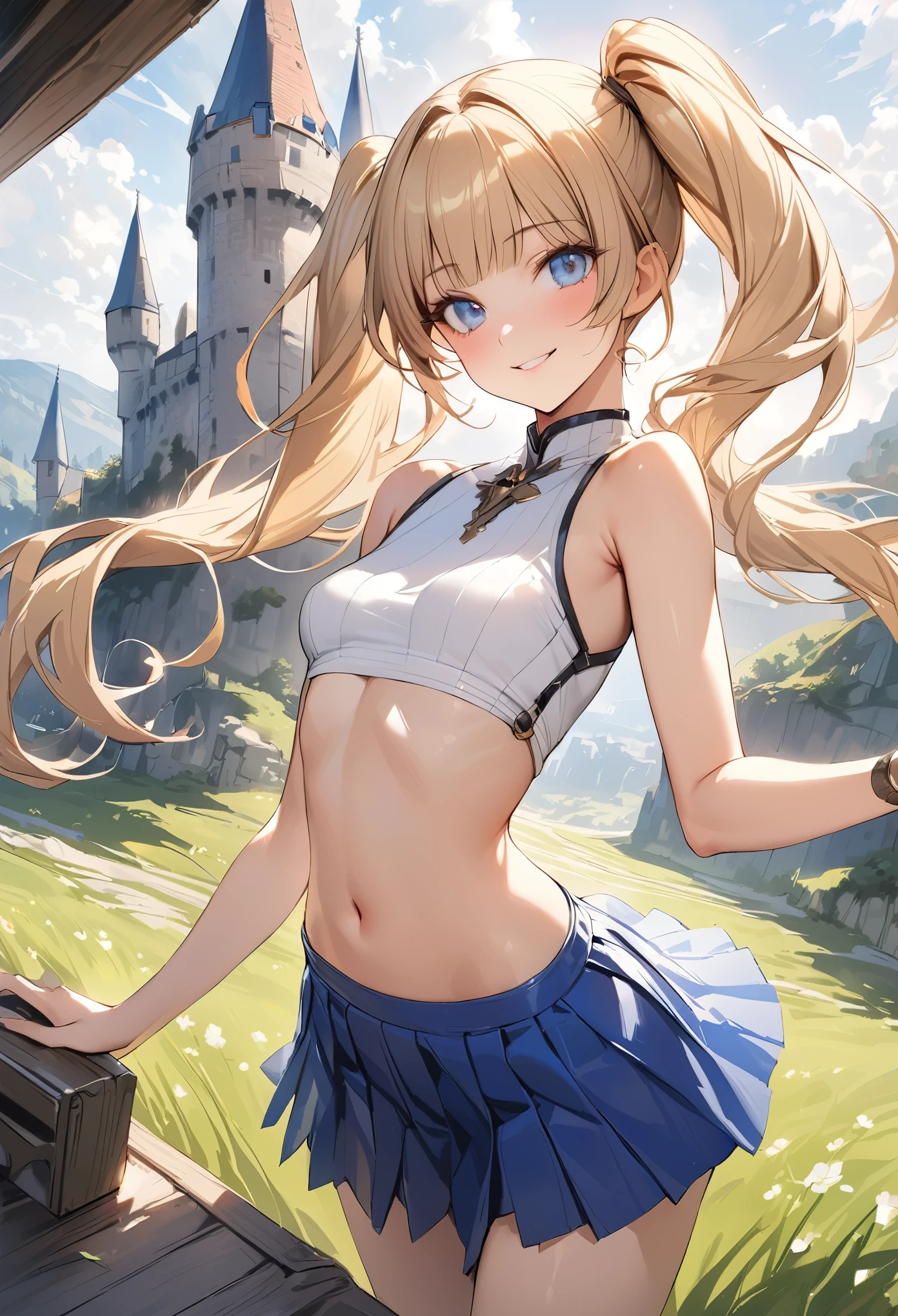 ((masterpiece,Highest quality:1.3,best quality illustration)),realistic,cowboy shot,1woman,female knight、(20 year old beauty),((very small head:1.4)),((ideal ratio body proportions:1.3)),blonde hair,twin tails,straight long hair,bangs,gorgeous eyes,Blue eyes,smile,(Sleeveless white knitwear、navel、Blue pleated mini skirt),((slender body,skinny)),small breasts,gleaming skin,shiny skin,grassland、battlefield、Sword and sorcery fantasy world、