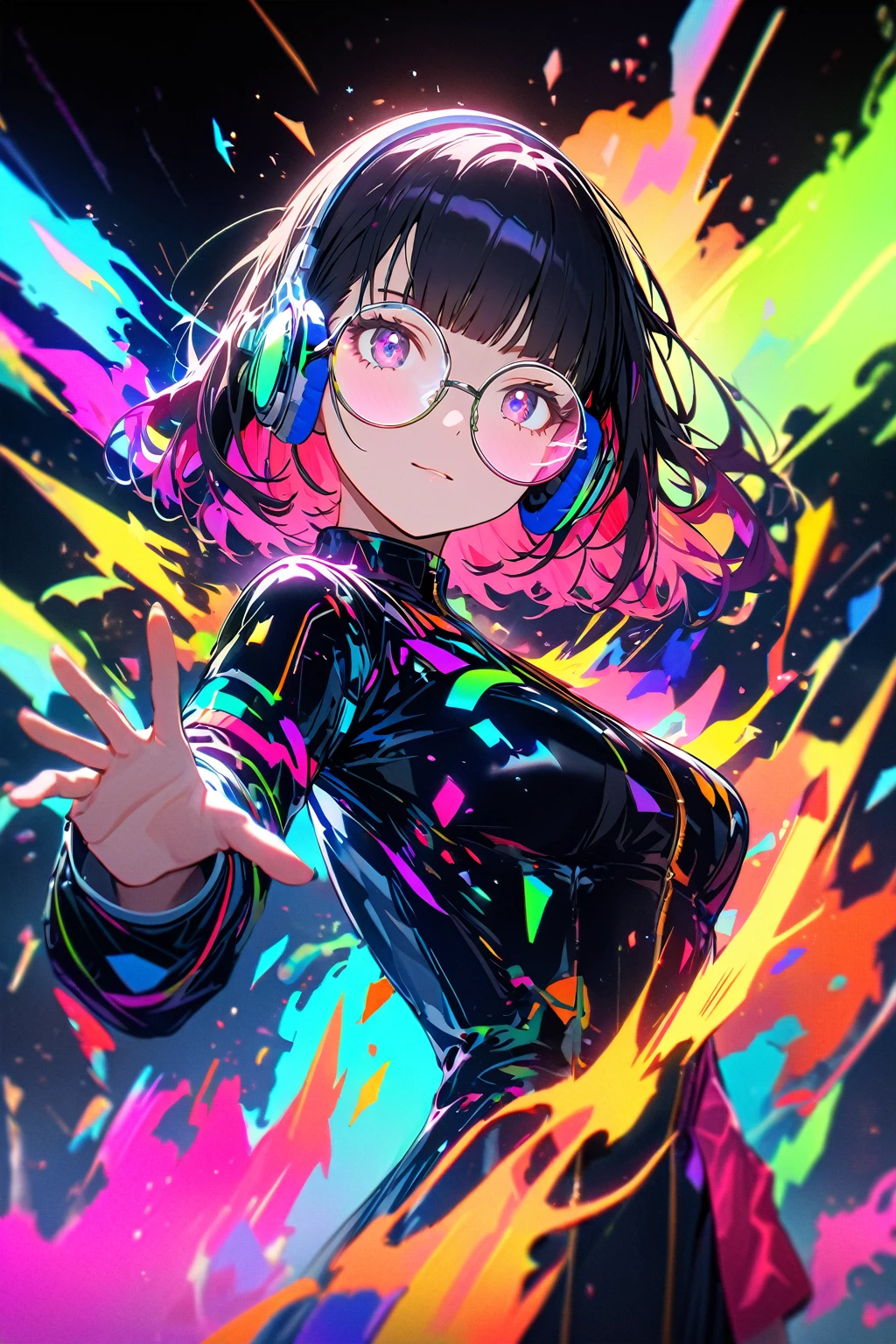 (extremely detailed fine touch:1.3), (((silver semi-rimless round eyewear:1.3))), (wear silver headphones:1.2), black and white style art, black short hair, blunt bangs, 1girl, 2.5d face, holography, draw in neon colors, digital art, Digital, scientific, dark background: electronic circuit: draw in neon colors, masterpiece, Digital space, energy, beautiful, masterpiece, 8k, light, be familiar with, lively, colorful, nice, beautiful, rich colors, beautiful Light Lines. magic effect, Sparkling, beautiful Light Grains