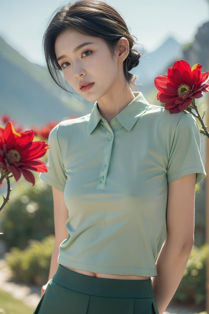 (((best quality))),(((ultra detailed))),(((masterpiece))),illustration,((1 beautiful girl,tomboy,solo)),(short black hair:1.3),((slim,thin)),((small breasts,thin)), vigorous, confident, (light green collared short-sleeved shirt:1.3), (dark green skirt:1.2),(slender legs:1.2),(standing:1.3),simplicity, robustness, strong features, (Abandoned Gobi Scene:1.3),(Rock surface:1.2),glowing eyes, rebellious, sensible, (mountainous landscape:1.3), (beside a vibrant red flower:1.3),elegance, unyielding spirit, youthful beauty, strength, resilience, adversity, challenges,((from front,upper body))

