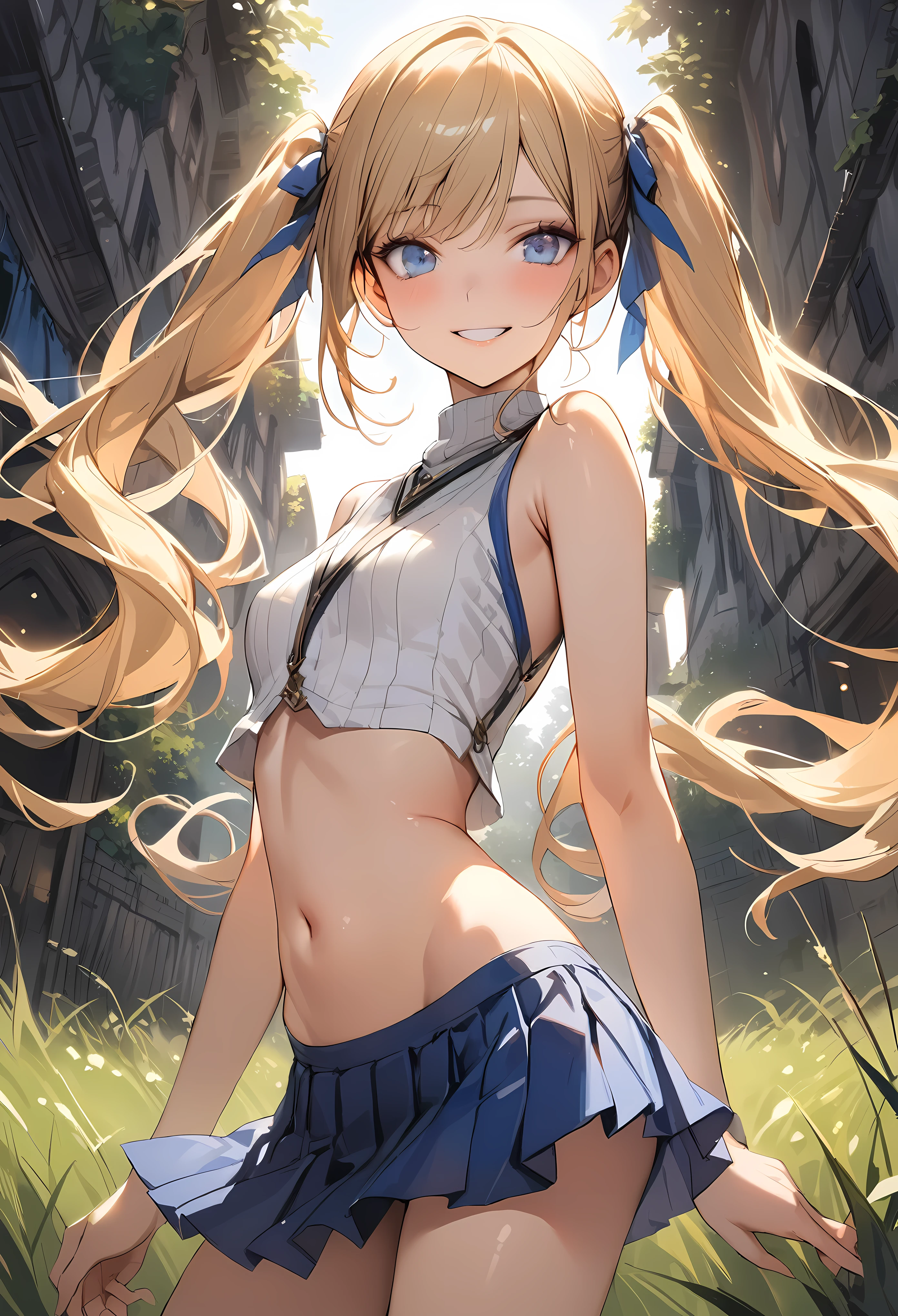 ((masterpiece,Highest quality:1.3,best quality illustration)),realistic,cowboy shot,solo,1woman,female knight、(25 year old beauty),((very small head:1.4)),((ideal ratio body proportions:1.3)),blonde hair,twin tails,straight long hair,bangs,gorgeous eyes,Blue eyes,smile,(Sleeveless white knitwear、navel、Blue pleated mini skirt),((slender body,skinny)),small breasts,gleaming skin,shiny skin,grassland、medieval europe、
