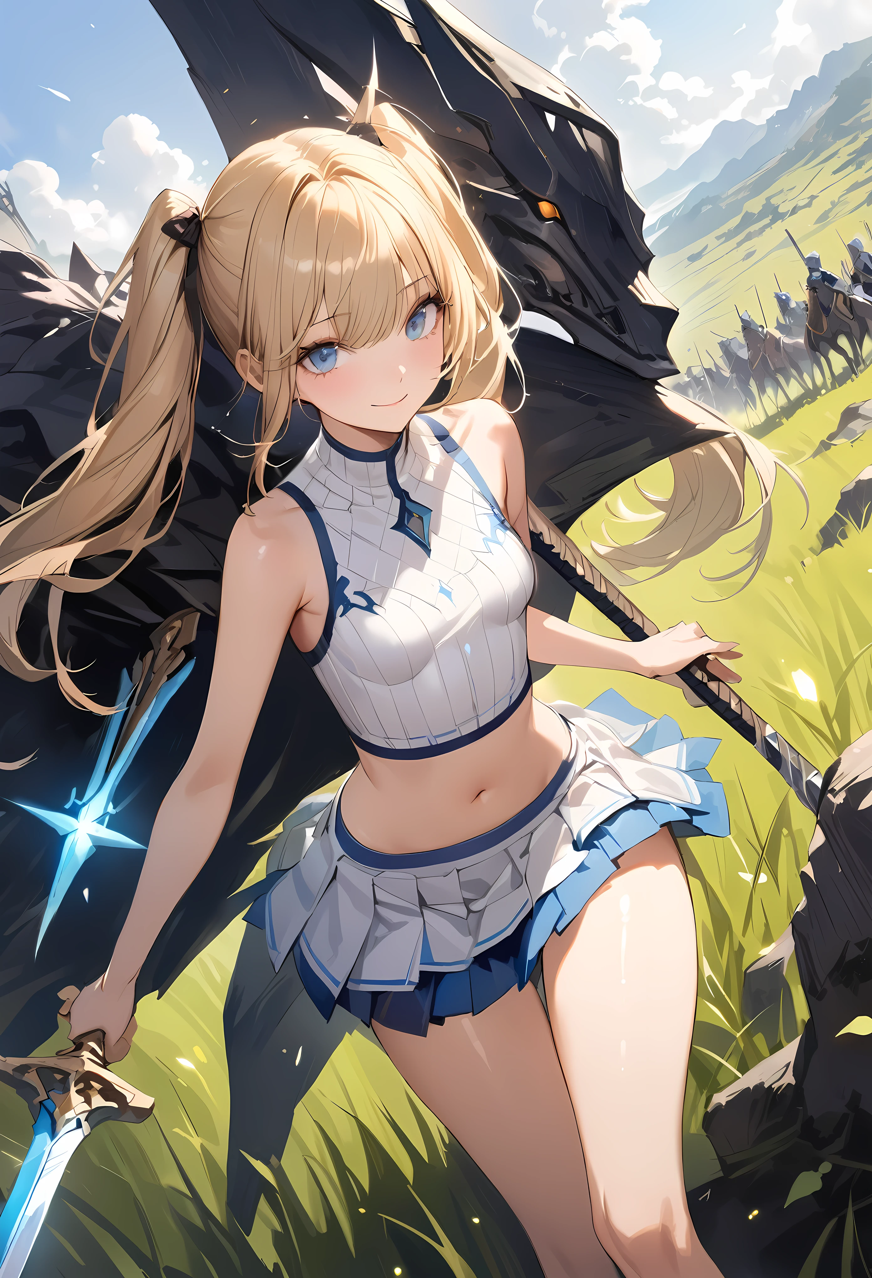 ((masterpiece,Highest quality:1.3,best quality illustration)),realistic,cowboy shot,solo,1woman,female knight、(25 year old beauty),((very small head:1.4)),((ideal ratio body proportions:1.3)),blonde hair,twin tails,straight long hair,bangs,gorgeous eyes,Blue eyes,smile,(Sleeveless white knitwear、navel、Blue pleated mini skirt),((slender body,skinny)),small breasts,gleaming skin,shiny skin,grassland、battlefield、Sword and sorcery fantasy world、