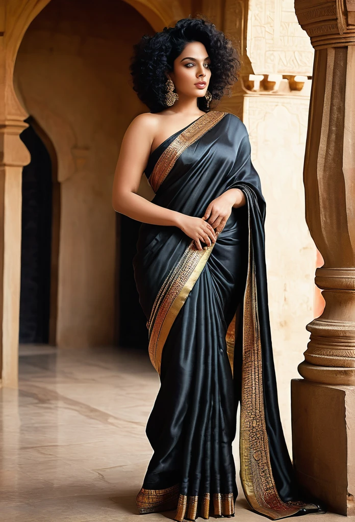 Super sexy big ass bog Light skin black north African woman in indain satin saree medieval