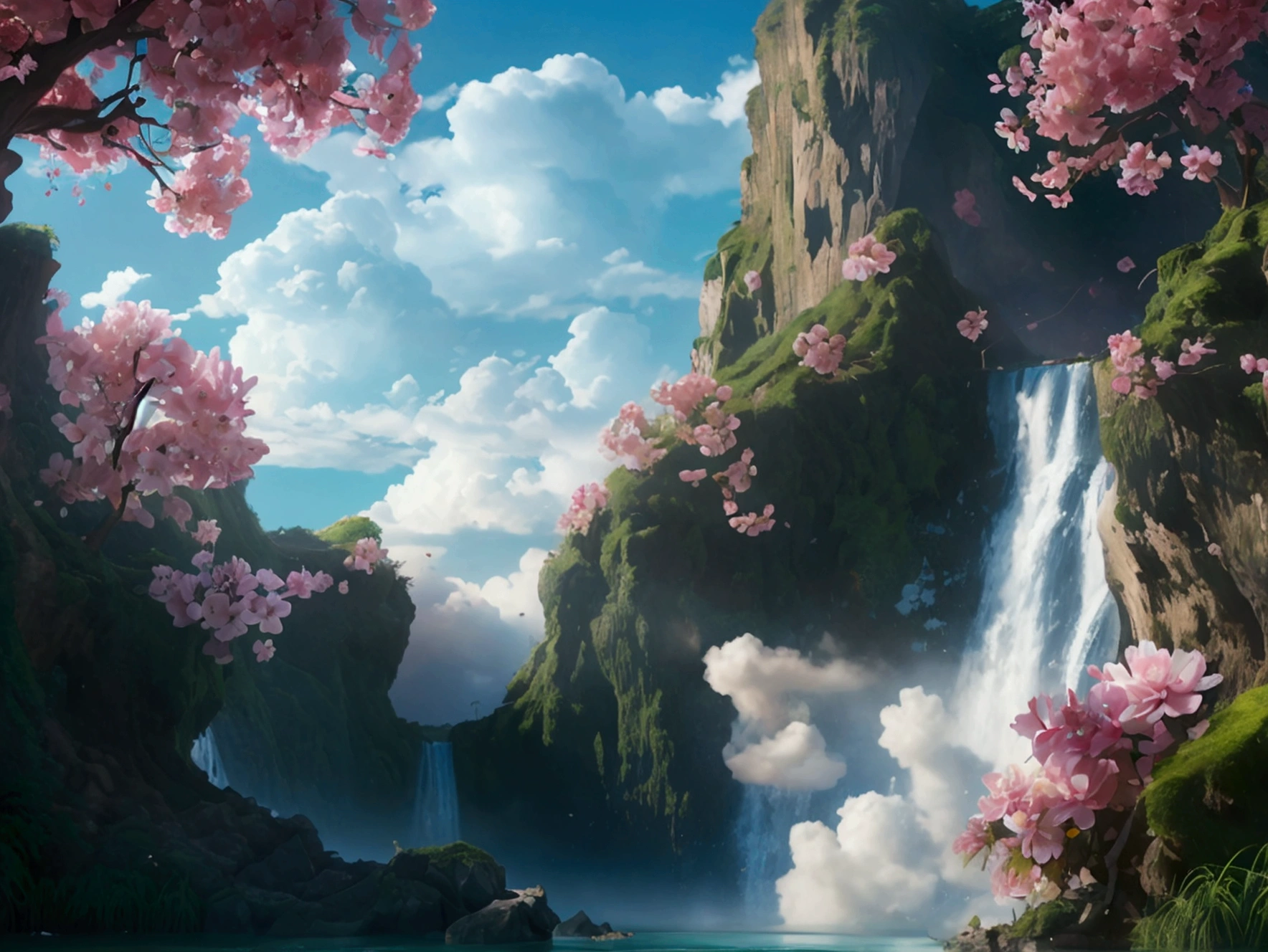 Tatsumaki, dayพันช์แมน,Masterpiece, best quality, High quality, very detailed 8k CG unit wallpaper, view, outdoor, sky, cloud, day, water, tree, blue sky, waterfall, cliff, nature, lagoon, แม่water, cloudy sky, award winning photos, Bokeh, depth of field, HDR, flower, Chromatic aberration, realistic, very detailed, Trends in artstation, CGI social trends, complicated, Highly detailed, Amazing, art while traveling