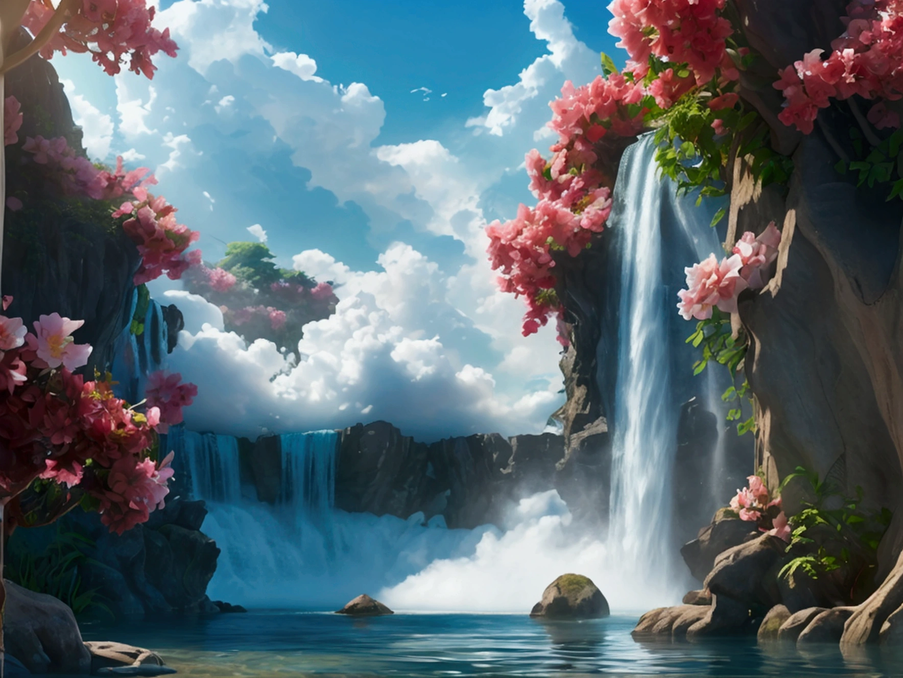 Tatsumaki, dayพันช์แมน,Masterpiece, best quality, High quality, very detailed 8k CG unit wallpaper, view, outdoor, sky, cloud, day, water, tree, blue sky, waterfall, cliff, nature, lagoon, แม่water, cloudy sky, award winning photos, Bokeh, depth of field, HDR, flower, Chromatic aberration, realistic, very detailed, Trends in artstation, CGI social trends, complicated, Highly detailed, Amazing, art while traveling