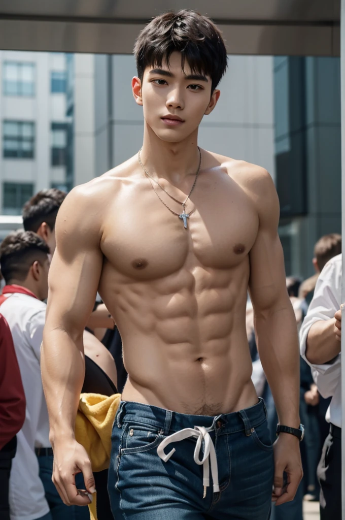 Boy in the crowded lunar new year festival, amazing lunar new year festival scenery, Crowded festival, Chinese lion dance in the background, barongsai Full body photo, very wet body, Very thin red thong, Proudly showing off his sweaty very hairy armpits, completely naked just wearing red thong, wearing necklace in his nek, boy, very young boy, Cinematic soft lighting illuminates a stunningly detailed and ultra-realistic handsome korean male supermodel, ultra messy curly hair, clear honey eyes, captivating perfect smile, sensual, hot man, insanely handsome, showing off his sweaty body, very sixpack muscular body build, slender, toned, full body, 8k, photography, masterpiece, detailed face, detailed eyes, sexy, beautiful abdomen and beautiful legs and a detailed big hard bulge, slim, detailed eyes and lips, sixpack and fit body. Image quality is of the highest standard, with ultra-detailed features and a realistic appearance. The colors are bright and vibrant, enhancing the overall aesthetic. The lighting is soft and natural, casting a soft glow on the boy, don't merge body's