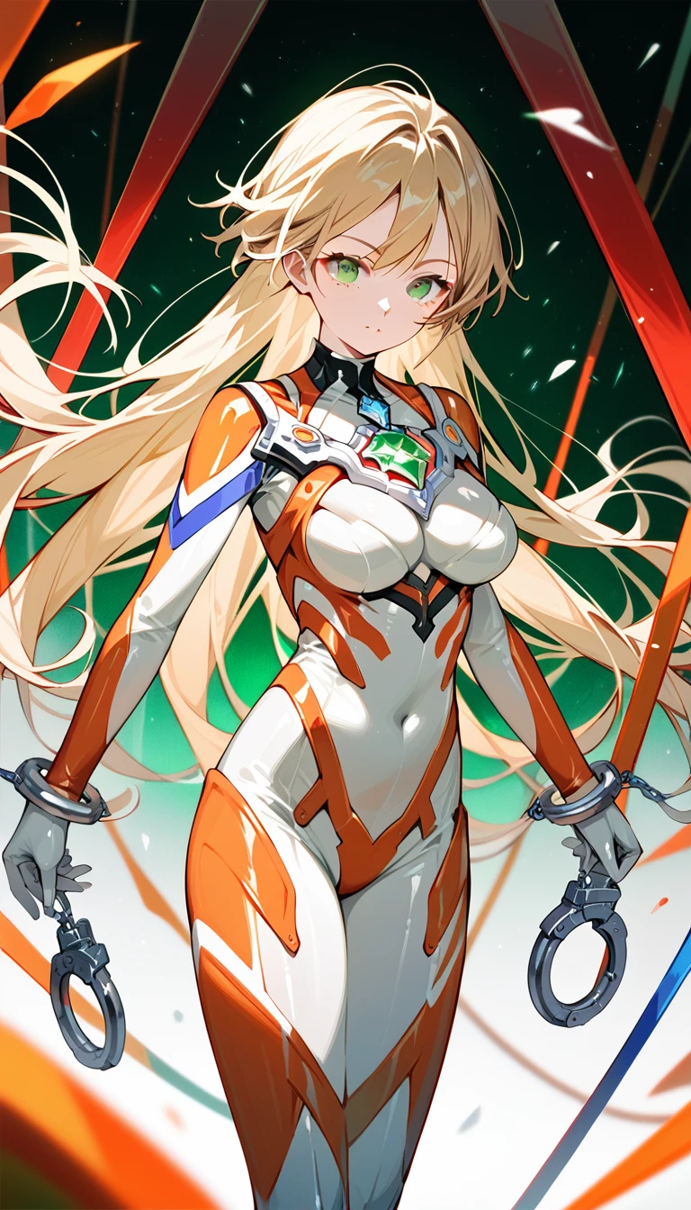(best quality),female,Sala,original,blonde hair ,green eyes,(((silver bodysuit))),red stripes,ultragirl,space background,ultra-detailed,sharp focus,aesthetic, score_9, score_8_up, score_7_up,source_anime,