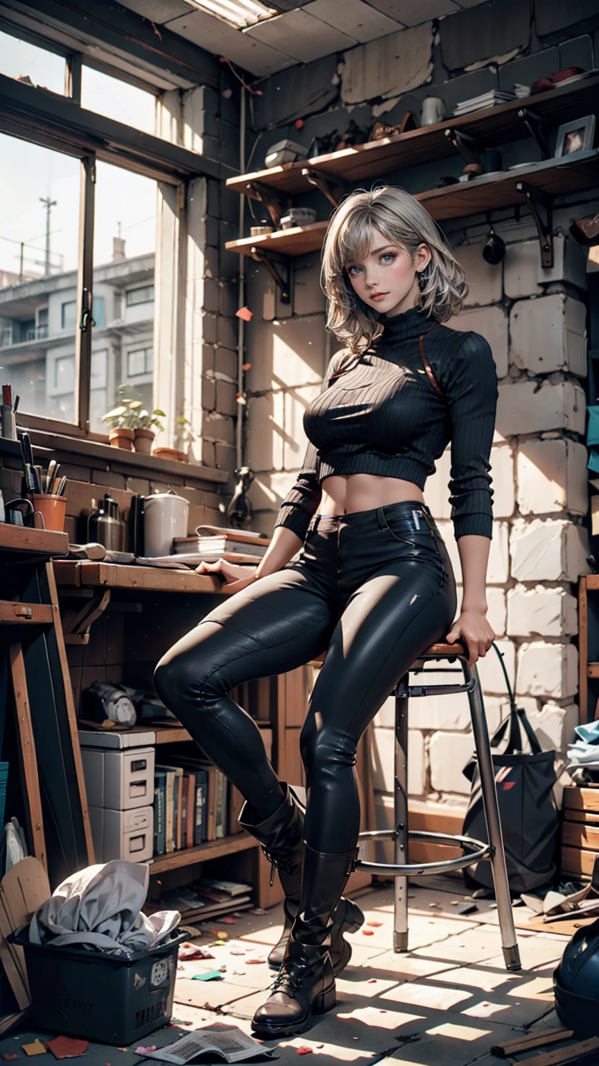 A room in the ruins of a reinforced concrete building、Litter scattered、A folding chair in the middle of the room、A woman sits on a metal chair、slouch、24 year old Caucasian female、Silver Hair、Shortcuts、Short leggings、High neck tops、No sleeve、short boots