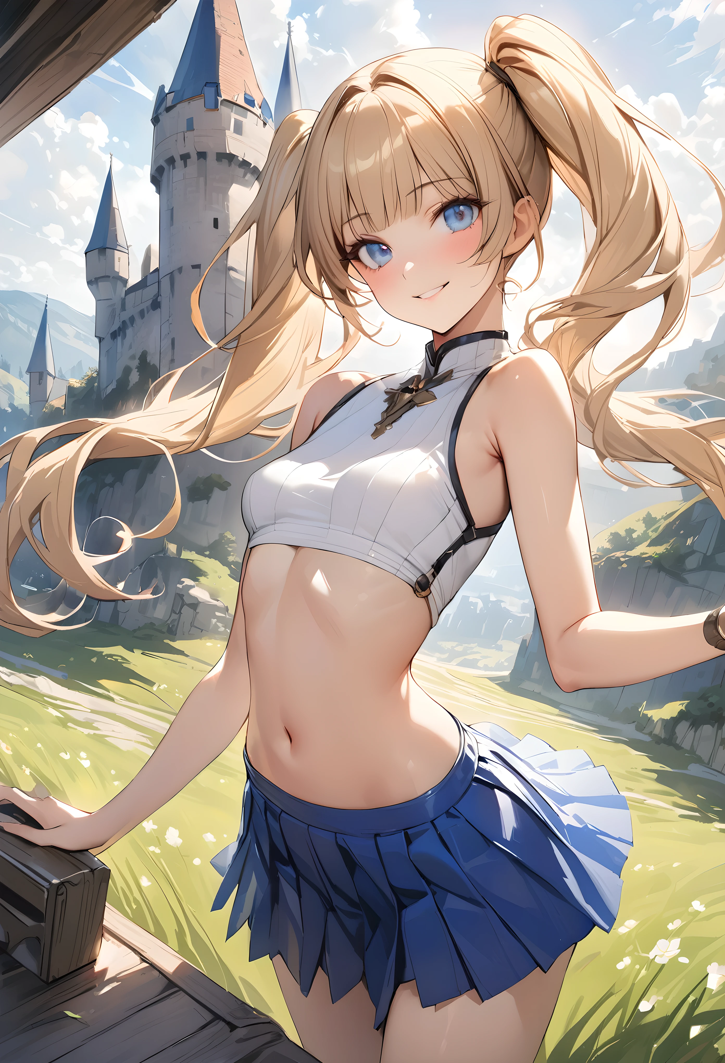 ((masterpiece,Highest quality:1.3,best quality illustration)),realistic,cowboy shot,solo,1woman,female knight、(20 year old beauty),((very small head:1.4)),((ideal ratio body proportions:1.3)),blonde hair,twin tails,straight long hair,bangs,gorgeous eyes,Blue eyes,smile,(Sleeveless white knitwear、navel、Blue pleated mini skirt),((slender body,skinny)),small breasts,gleaming skin,shiny skin,grassland、medieval europe、