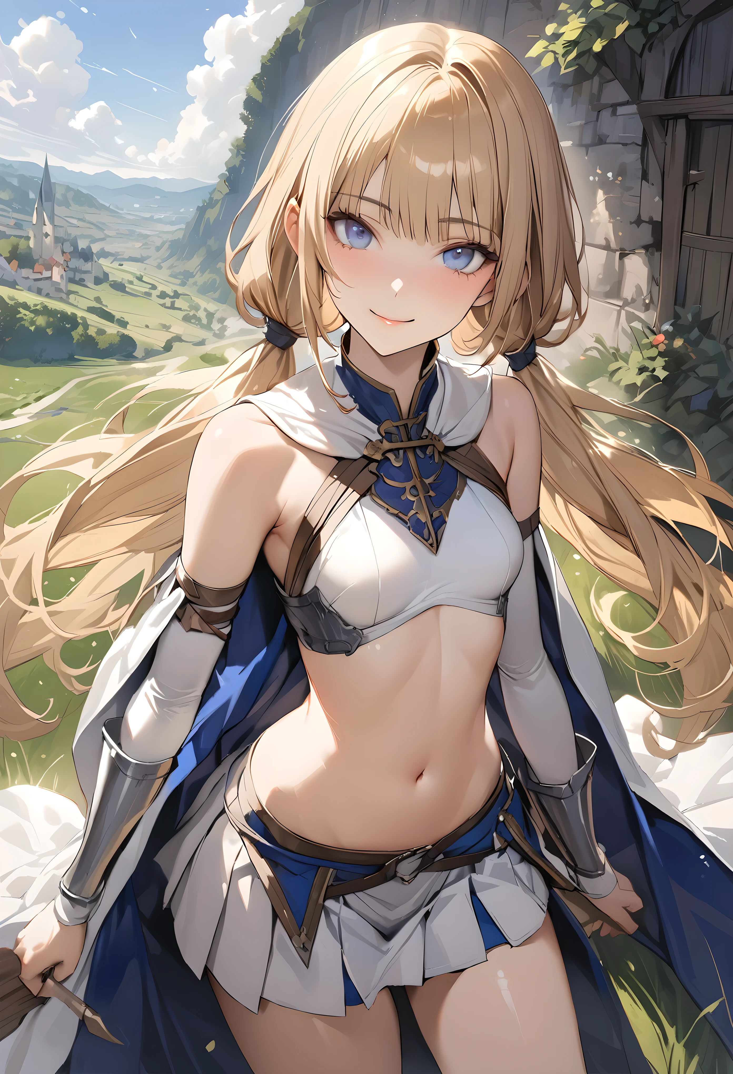 ((masterpiece,Highest quality:1.3,best quality illustration)),realistic,cowboy shot,solo,1woman,female knight、(20 year old beauty),((very small head:1.4)),((ideal ratio body proportions:1.3)),blonde hair,twin tails,straight long hair,bangs,gorgeous eyes,Blue eyes,smile,(Sleeveless white knitwear、navel、Blue pleated mini skirt),((slender body,skinny)),small breasts,gleaming skin,shiny skin,grassland、medieval europe、