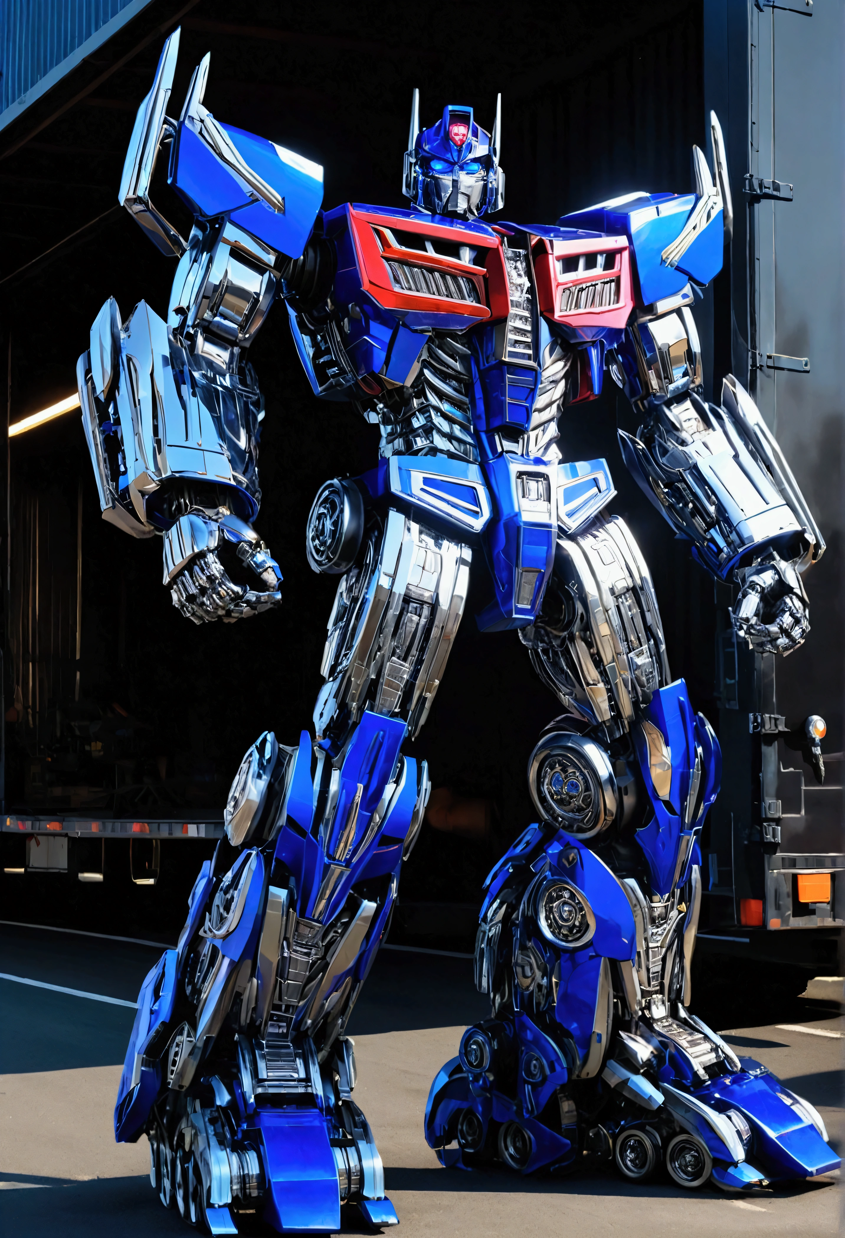 Optimus Prime, highly detailed mecha robot, Transformers robot, mechanical cyberpunk robot, intricate metal machinery, complex futuristic engineering, shiny chrome armor, glowing neon blue highlights, powerful robotic limbs, massive truck wheels, dynamic posing, cinematic lighting, dramatic shadows, photorealistic, 8k, hyper detailed, award winning digital art