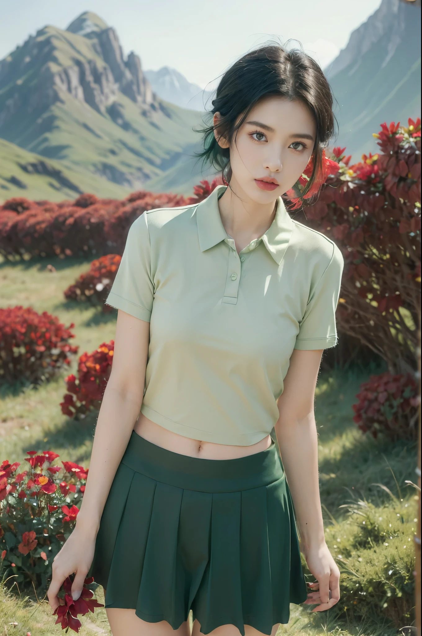 (((best quality))),(((ultra detailed))),(((masterpiece))),illustration,((1 beautiful girl,tomboy,solo)),(short black hair:1.3),((slim,thin)),((small breasts,thin)), vigorous, confident, (light green collared short-sleeved shirt:1.3), (dark green skirt:1.2),(slender legs:1.2),(standing:1.3),simplicity, robustness, strong features, (Abandoned Gobi Scene:1.3),(Rock surface:1.2),glowing eyes, rebellious, sensible, (mountainous landscape:1.3), (beside a vibrant red flower:1.3),elegance, unyielding spirit, youthful beauty, strength, resilience, adversity, challenges,((from front,upper body))