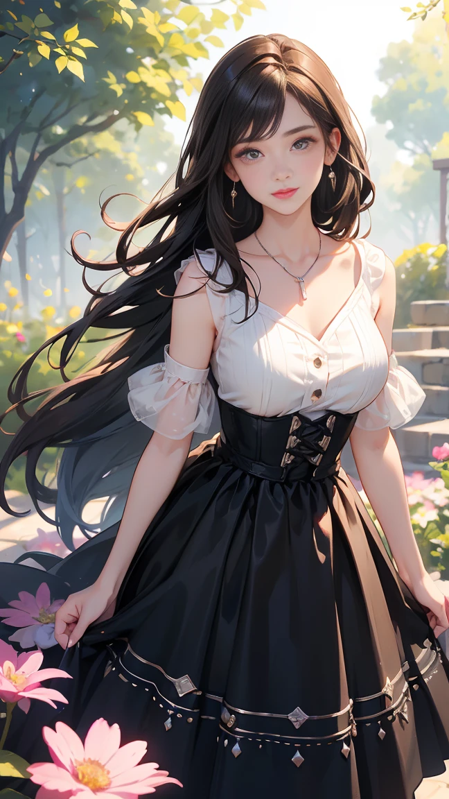 (Highest quality、 8k 、masterpiece、High resolution)、Young lovely woman、Ample breasts、Smooth and unnoticeable collarbone、Slender beauty、(Brown hair medium、My hair is blowing in the wind、Flows backwards)、Full Body Shot、 (Beautiful Face,Beautiful Eyes,Beautiful nose,Pretty lips)、(Stephanie hoove earrings、silver heart necklace)、((Black tops、White and monochrome dot long skirt(Ankle length))、Her mouth opens slightly and a smile appears.、Nice pose、Outdoor、(A Western-style garden filled with blooming flowers)、Colorful flowers、Vibrant colors、The red stands out、looking at the camera、Professional Lighting、Professional photographer、Detailed CG、