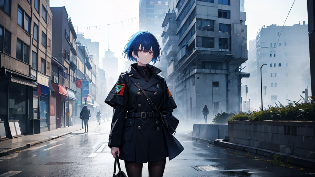 A girl with short blue hair wearing a black coat。The background is the city of the war zone.。Wearing a German officer&#39;s cap。