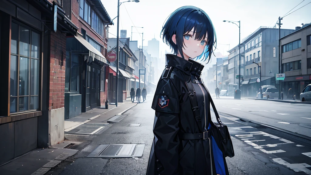 A girl with short blue hair wearing a black coat。The background is the city of the war zone.。Wearing a German officer's cap。