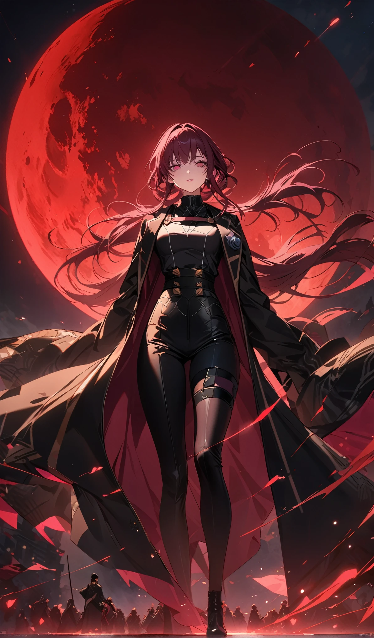 Kafka,(masterpiece), (best quality), Ultra-high resolution, Professional artwork, Extremely detailed, complex, Delicate face, Perfect lighting, 1 Girl, (Xiao organization clothing:1.3), Ninja, Black cape, Black coat, Boss, clavicle, head, night, night sky, new moon, Red Moon, outdoor, (Cowboy shooting, Long Shot), Bangs, Long hair,highly Delicate face, Very detailed background,whole body