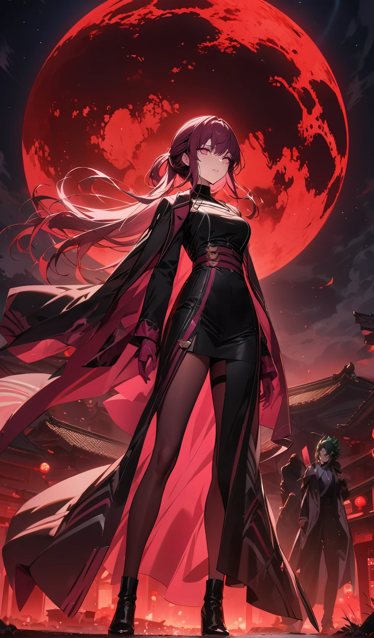Kafka,(masterpiece), (best quality), Ultra-high resolution, Professional artwork, Extremely detailed, complex, Delicate face, Perfect lighting, 1 Girl, (Xiao organization clothing:1.3), Ninja, Black cape, Black coat, Boss, clavicle, head, night, night sky, new moon, Red Moon, outdoor, (Cowboy shooting, Long Shot), Bangs, Long hair,highly Delicate face, Very detailed background,whole body