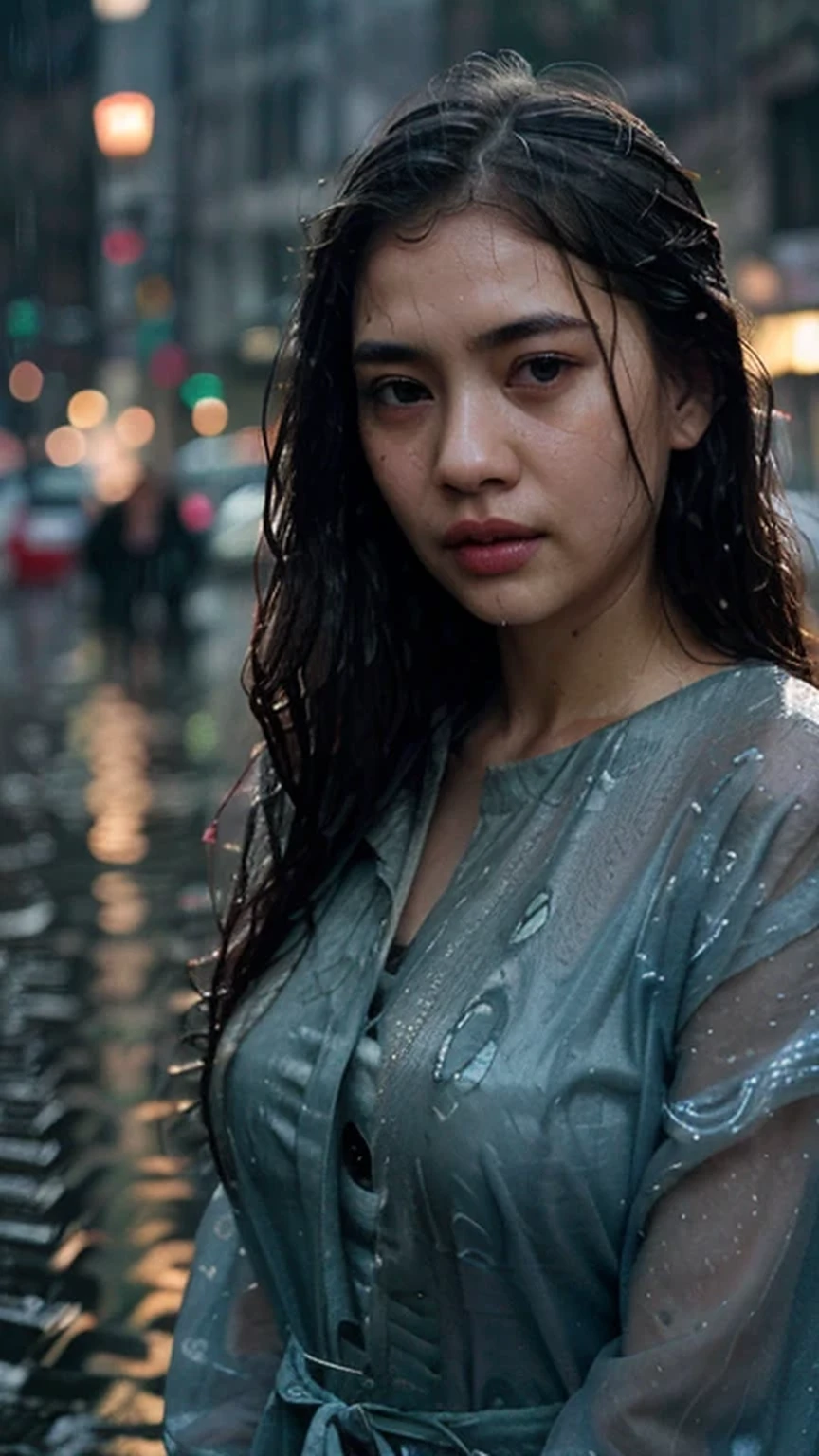 (best quality,8k,ultra-detailed,high-resolution,realistic,photorealistic:1.2),a girl in the rain, Asian woman seeking shelter, beautiful detailed eyes, beautiful detailed lips, long eyelashes, detailed facial features, intense emotion, raindrops falling on her face, wet hair, drizzling background, dim street lights, soaked clothes, photographs, realistic paintings, illustrations, raindrops falling on her face, wet hair, soaked dress, blurry background to indicate a scene of drizzling rain, rainy day, metropolis, dim and soft lighting effects