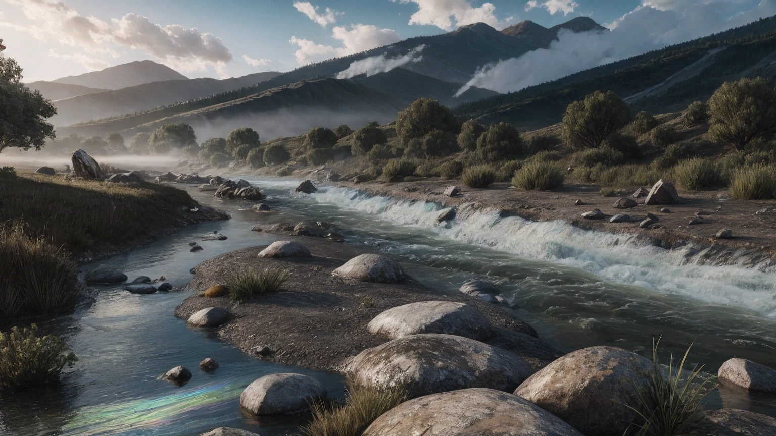 ((Masterpiece)), Hyperrealistic, amazing unreal engine, LUMA:0.015, very intricate details, add_details:1, S=1/650, (depth of field:1500mm), focus on details:1.1, "Imagine a swollen river devastating the towns through which it flows, within the river bed you can see rotten remains of cadaverous animal fauna, clouds of steam emerge from the river bed, along with a strange and mysterious fog, (moss on the rocks: 0.58), iridescent reflex over the water:0.06, (The running water splashes the rocks and causes the splashes to be seen where the light is reflected:0.4)".