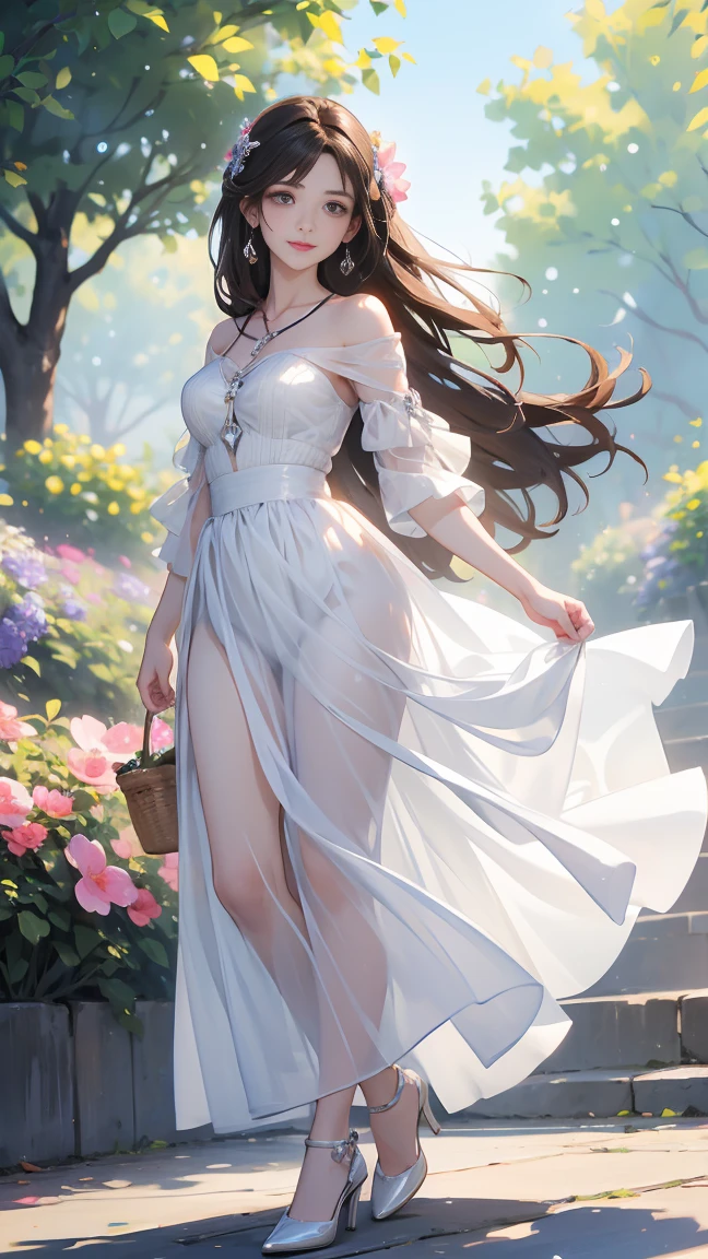 sksbrooke person, sksbrooke, (masterpiece:1.2), (best quality:1.2), perfect eyes, perfect face, 1girl, solo, brown eyes, (medium breasts), perky breasts, seductive look, pink wedding dress with a shawl, walking in the garden,