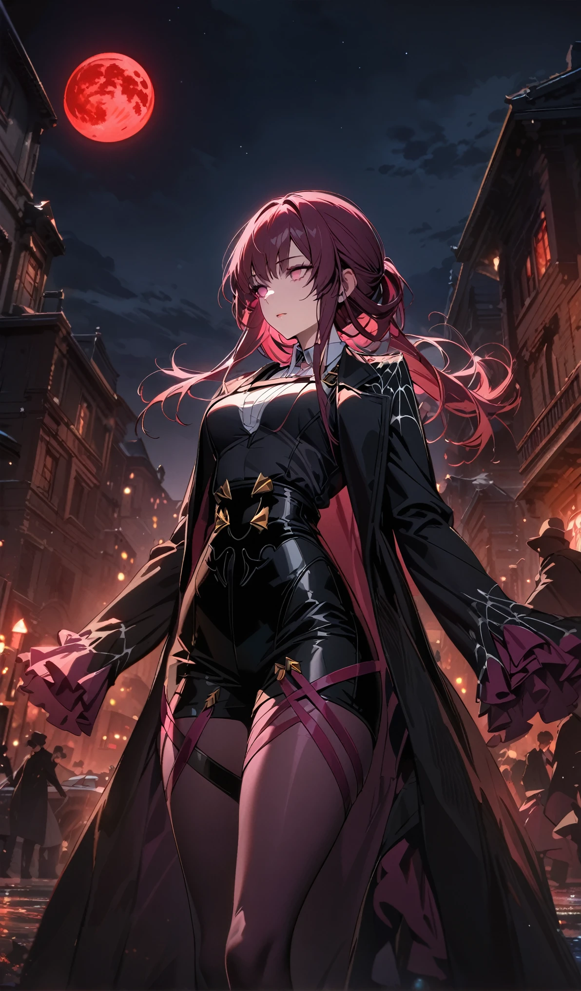 Kafka,(masterpiece), (best quality), Ultra-high resolution, Professional artwork, Extremely detailed, complex, Delicate face, Perfect lighting, 1 Girl, Black cape, Black coat, Boss, clavicle, head, night, night sky, new moon, Red Moon, outdoor, (Cowboy shooting, Long Shot), Bangs, Long hair,highly Delicate face, Very detailed background,whole body