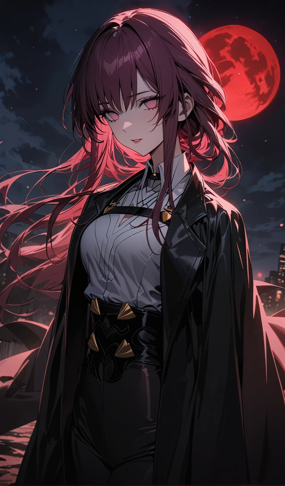 Kafka,(masterpiece), (best quality), Ultra-high resolution, Professional artwork, Extremely detailed, complex, Delicate face, Perfect lighting, 1 Girl, Black cape, Black coat, Boss, clavicle, head, night, night sky, new moon, Red Moon, outdoor, (Cowboy shooting, Long Shot), Bangs, Long hair,highly Delicate face, Very detailed background,whole body